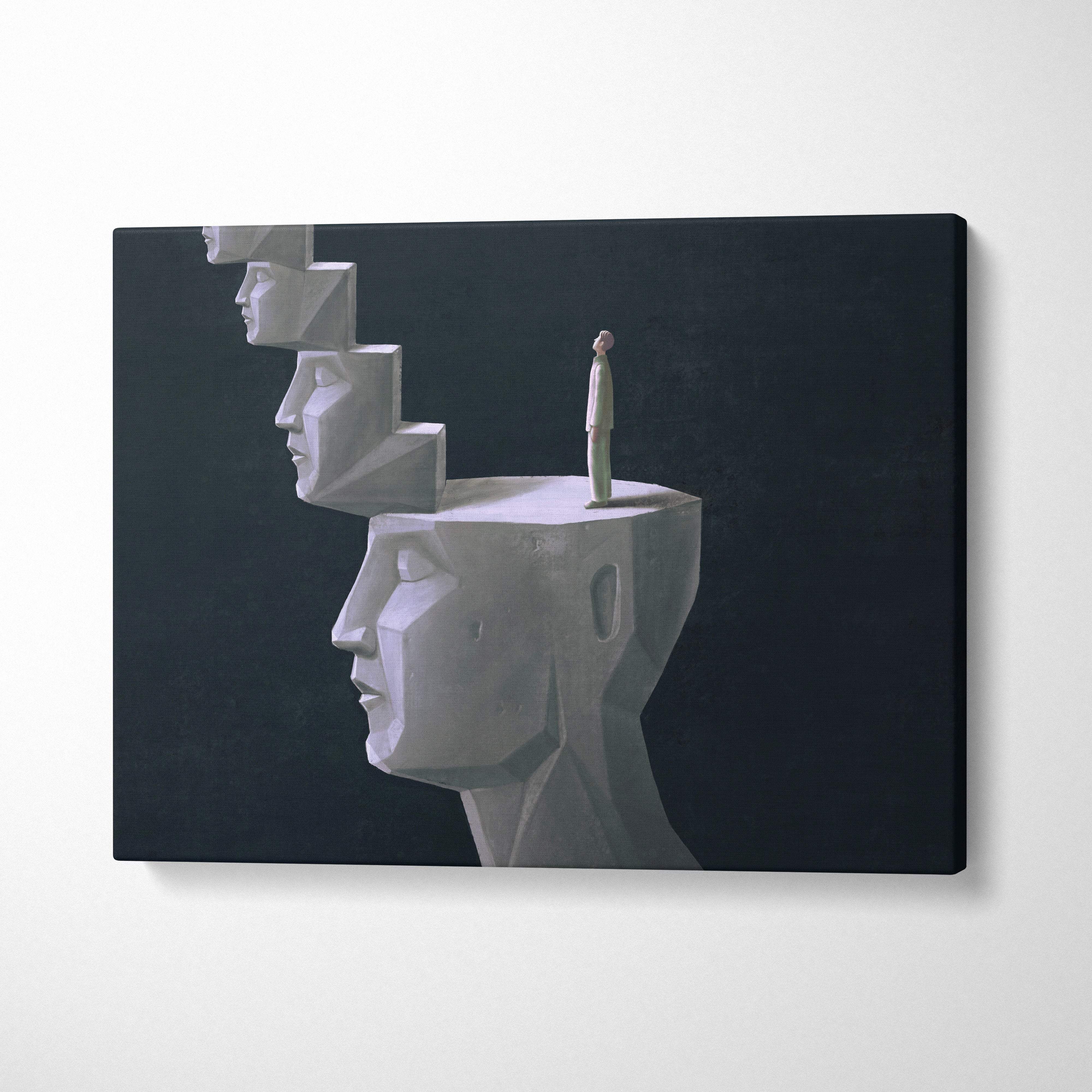 Contemporary staircase head canvas wall art featuring white geometric human profiles on dark background for office decor