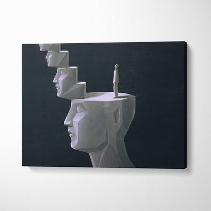 Contemporary staircase head canvas wall art featuring white geometric human profiles on dark background for office decor