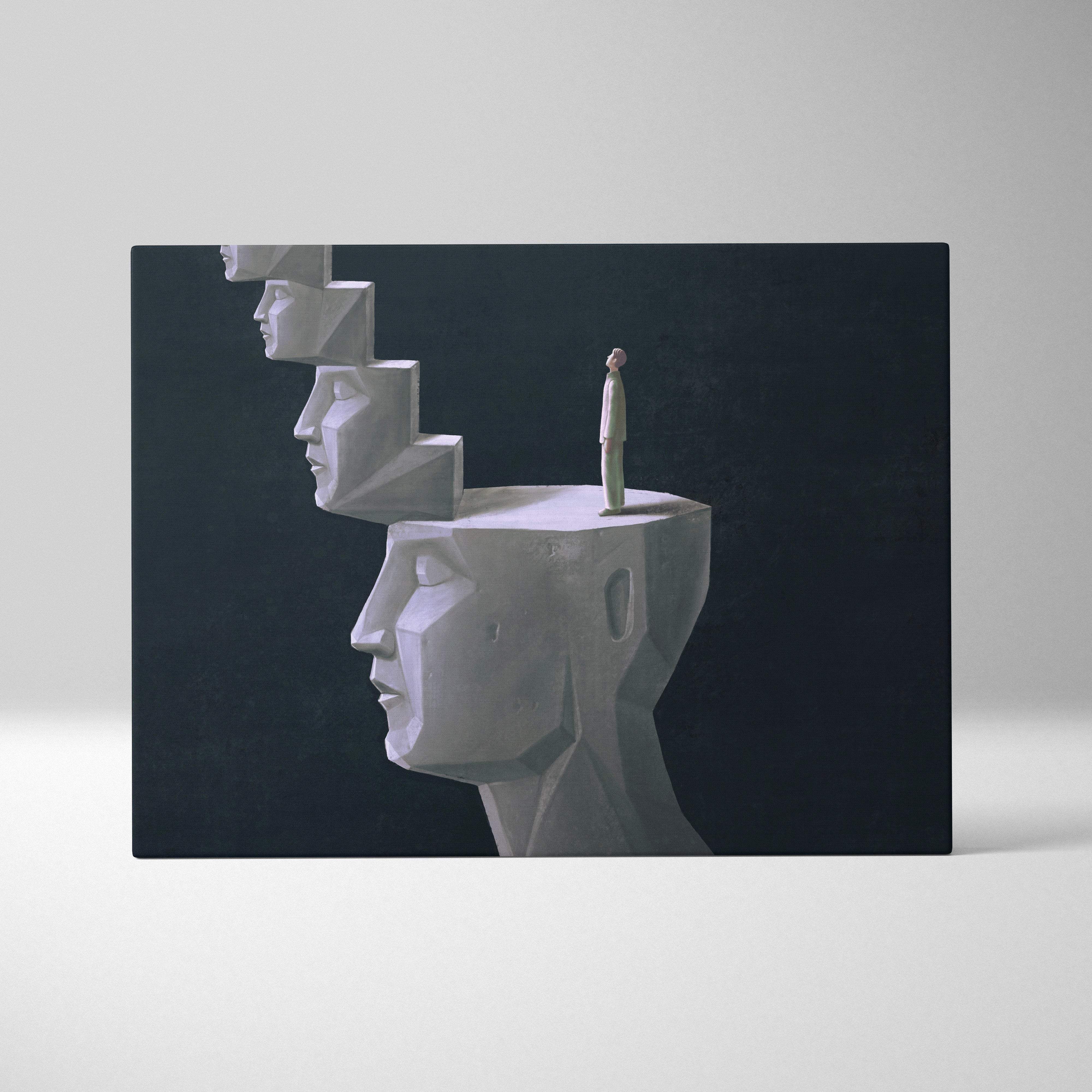 Contemporary staircase head canvas wall art with stacked white geometric faces and dark surreal figure in moody gray tones