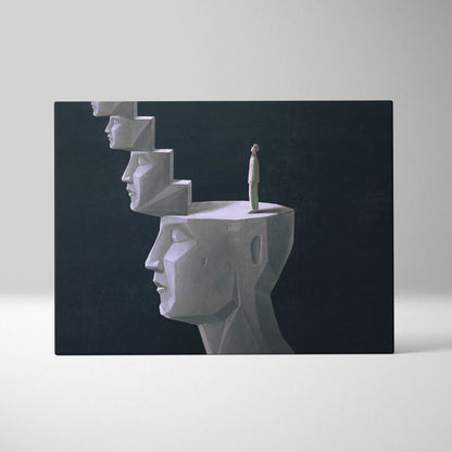 Contemporary staircase head canvas wall art with stacked white geometric faces and dark surreal figure in moody gray tones
