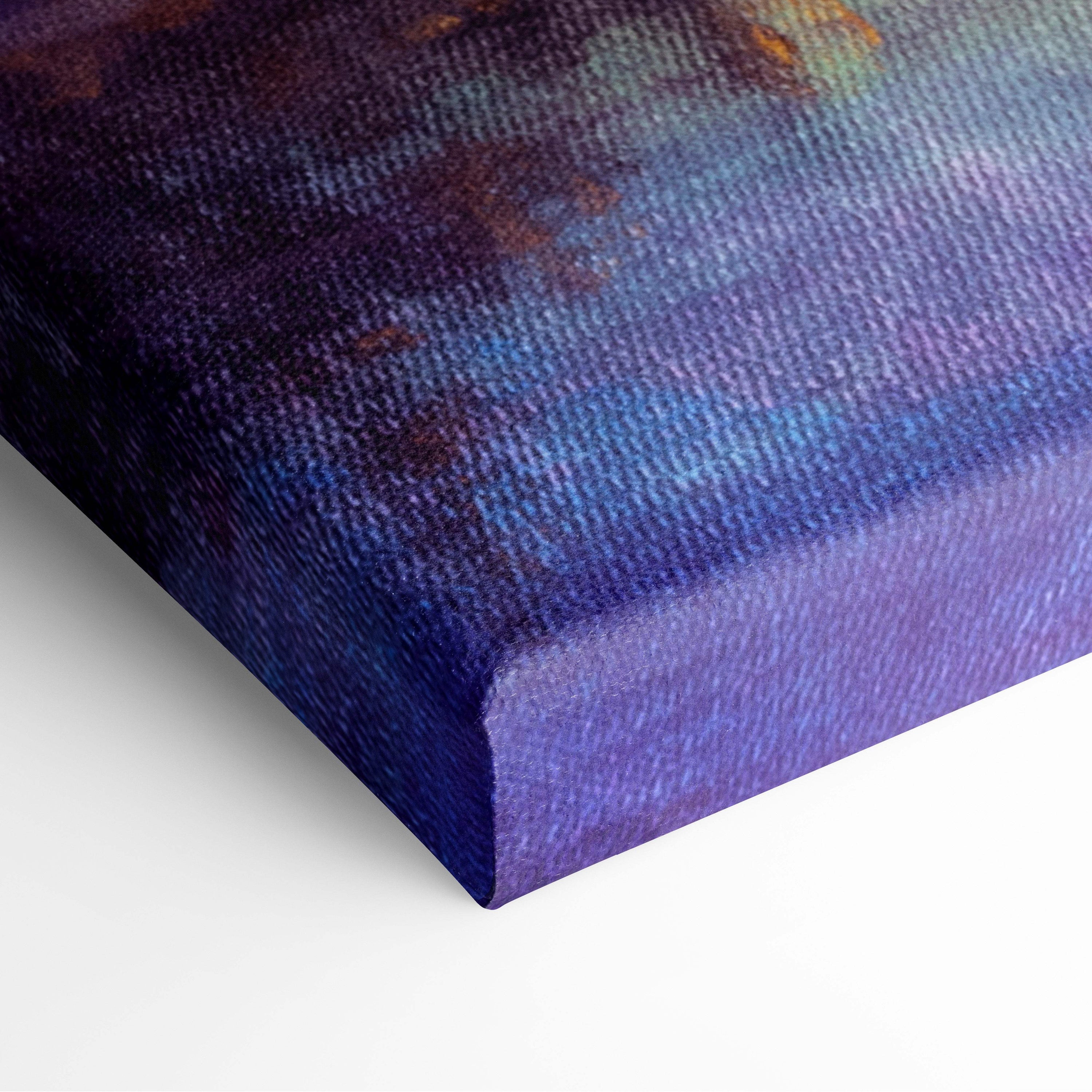 Textured canvas print of celestial moonlit lake with deep purple and blue gradient and subtle earthy tones fantasy landscape