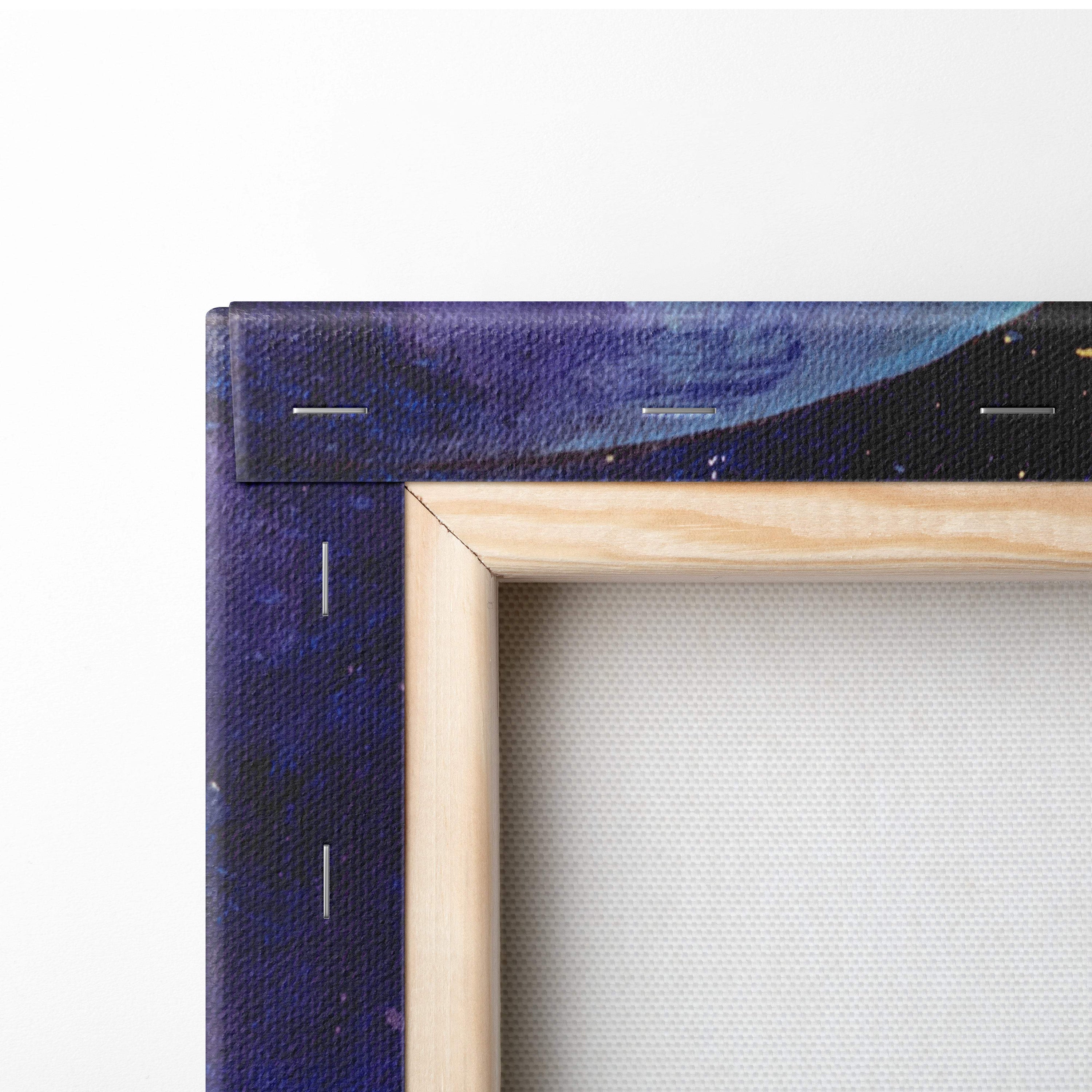 A wooden-framed canvas print of a deep blue and black celestial moonlit lake fantasy landscape with star-like speckles