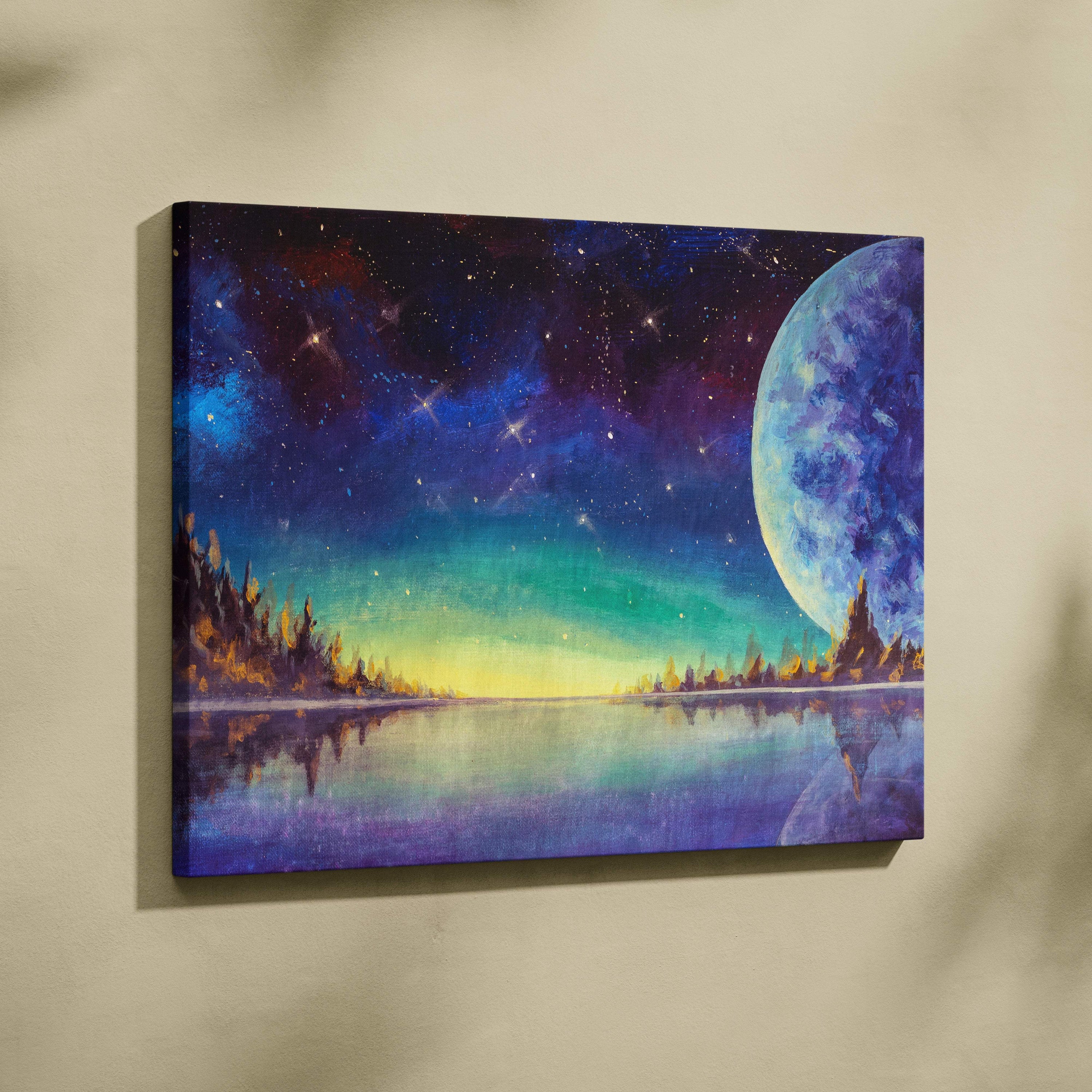 A canvas print of celestial moonlit lake with large blue moon green aurora and starry sky above reflected trees
