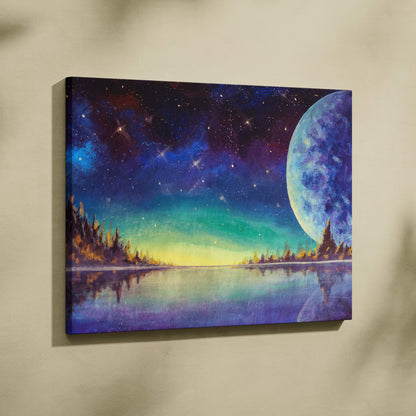 A canvas print of celestial moonlit lake with large blue moon green aurora and starry sky above reflected trees