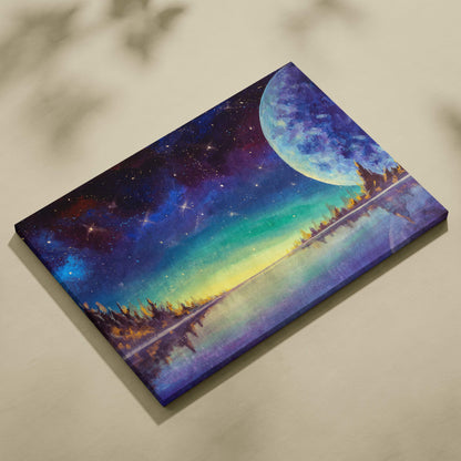 Celestial moonlit lake canvas print featuring a vibrant blue moon starry night sky and aurora borealis over trees