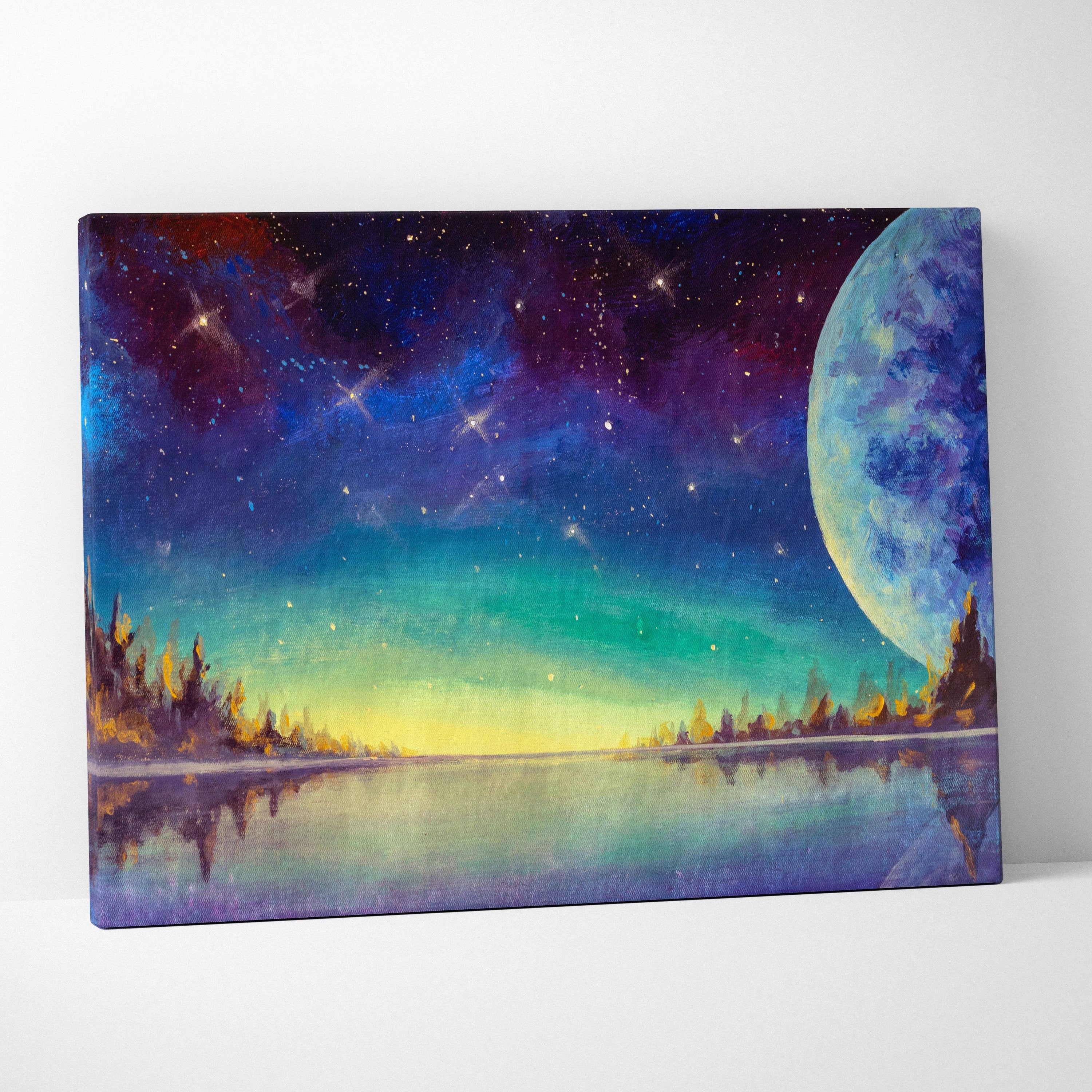 Vibrant cosmic canvas print of a glowing blue and purple moon with aurora colors reflecting on calm lake water