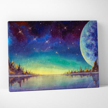 Vibrant cosmic canvas print of a glowing blue and purple moon with aurora colors reflecting on calm lake water