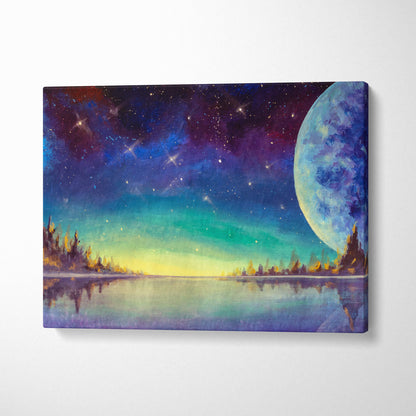 A vibrant celestial moonlit lake canvas print with blue moon, starry purple sky, green aurora borealis, and silhouetted trees