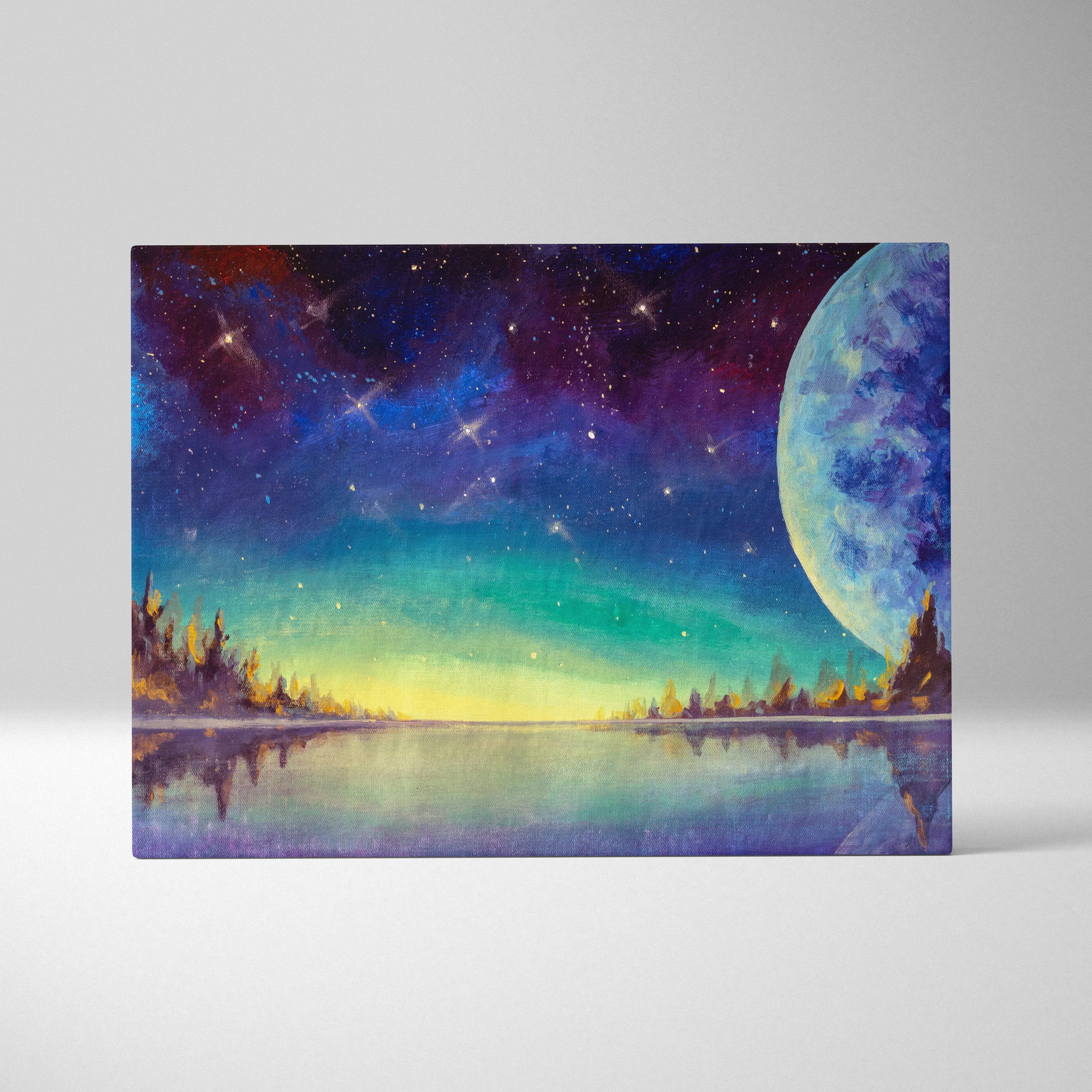 Vibrant celestial moonlit lake canvas print featuring a glowing blue and purple moon and colorful aurora night sky