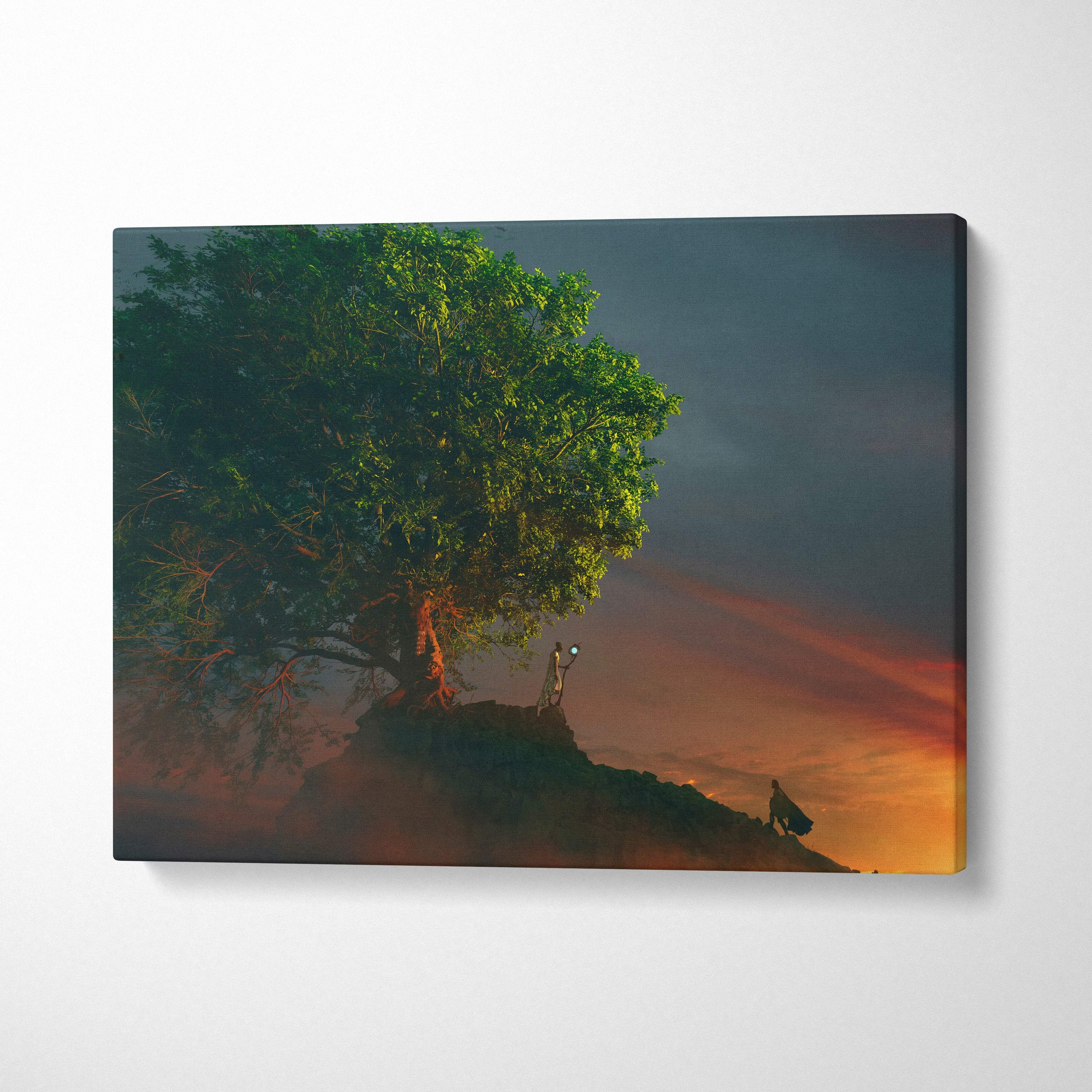 Tree of Life Sunset canvas wall art featuring a solitary tree on a hill in vibrant green and warm orange hues