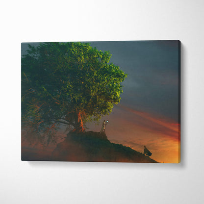 Tree of Life Sunset canvas wall art featuring a solitary tree on a hill in vibrant green and warm orange hues