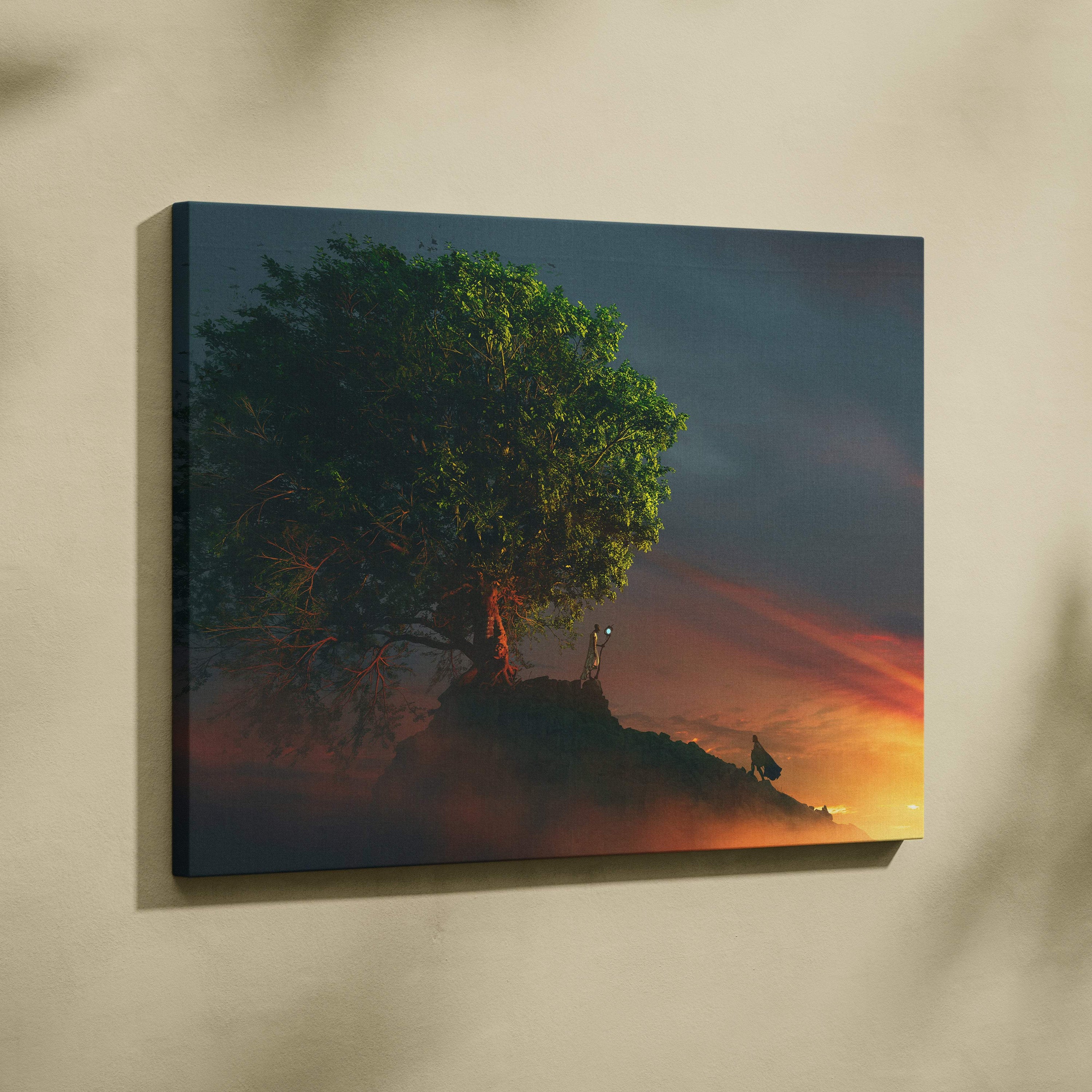Tree of life sunset canvas wall art with a solitary tree on a hill and vibrant orange and deep blue sky background