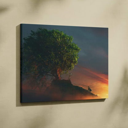 Tree of life sunset canvas wall art with a solitary tree on a hill and vibrant orange and deep blue sky background