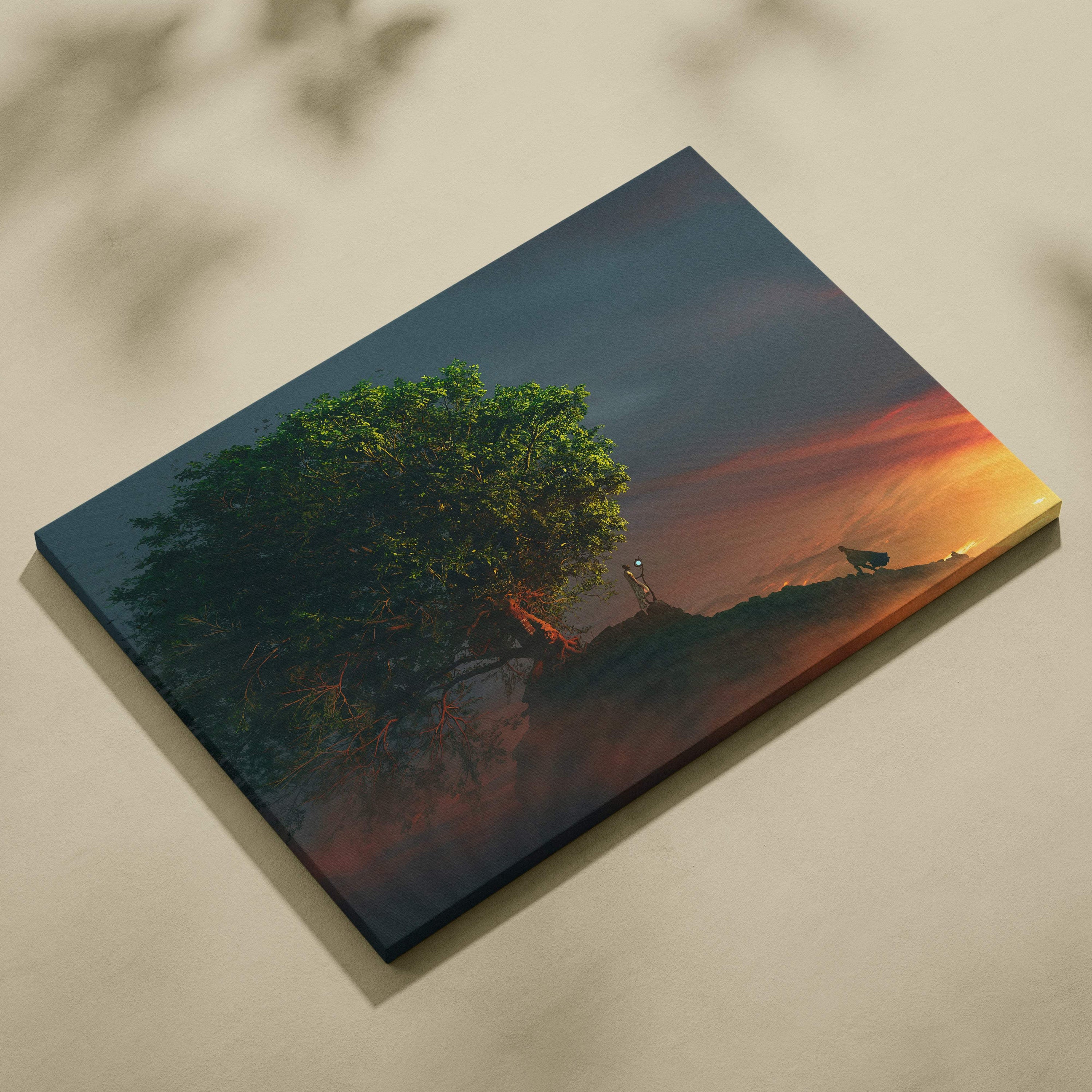 Rectangular canvas print of a solitary tree with vibrant green foliage against an orange and deep blue sunset sky
