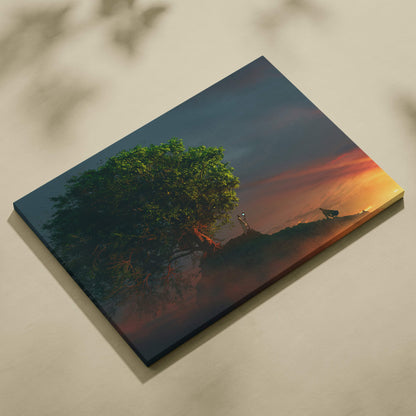 Rectangular canvas print of a solitary tree with vibrant green foliage against an orange and deep blue sunset sky