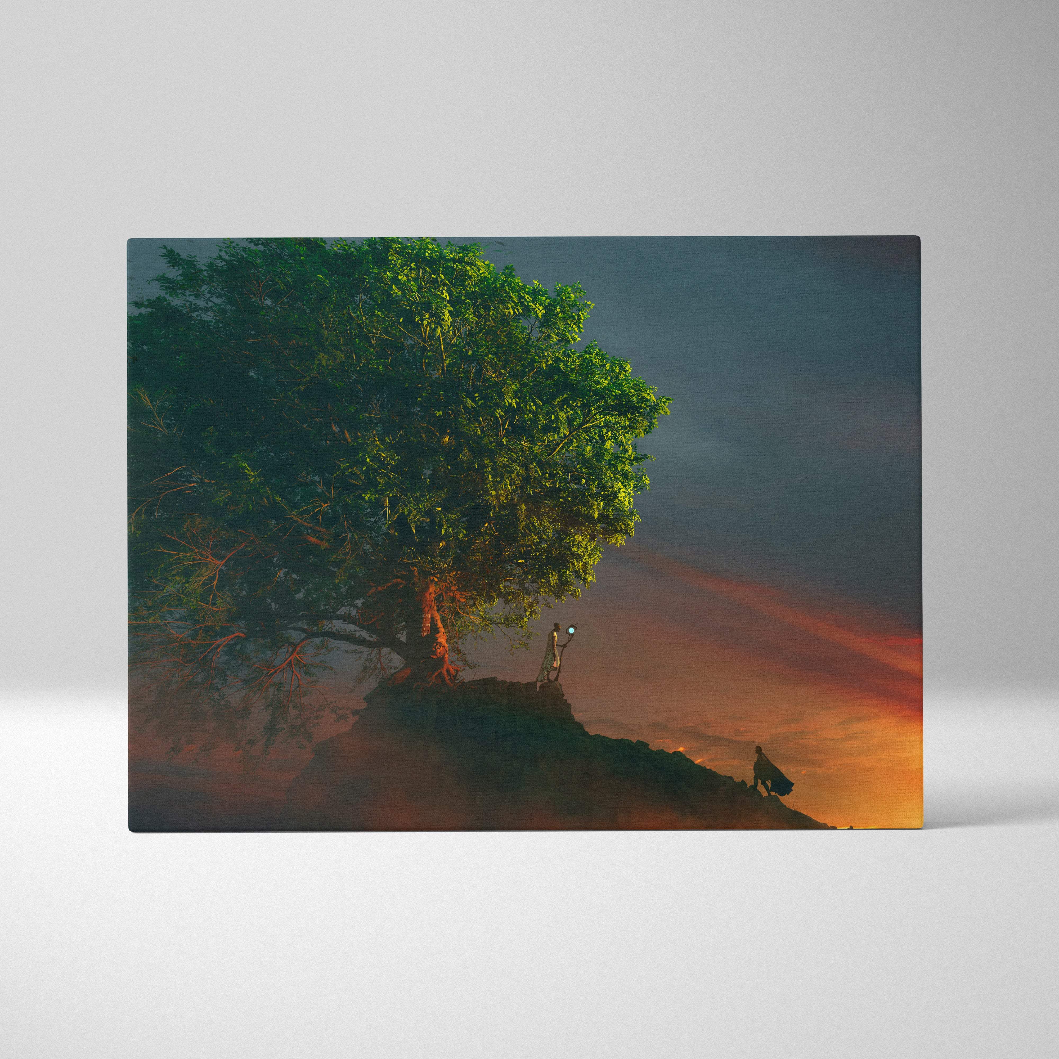 Rectangular canvas print of a solitary tree with lush green foliage on a hill under an orange and deep blue sunset sky