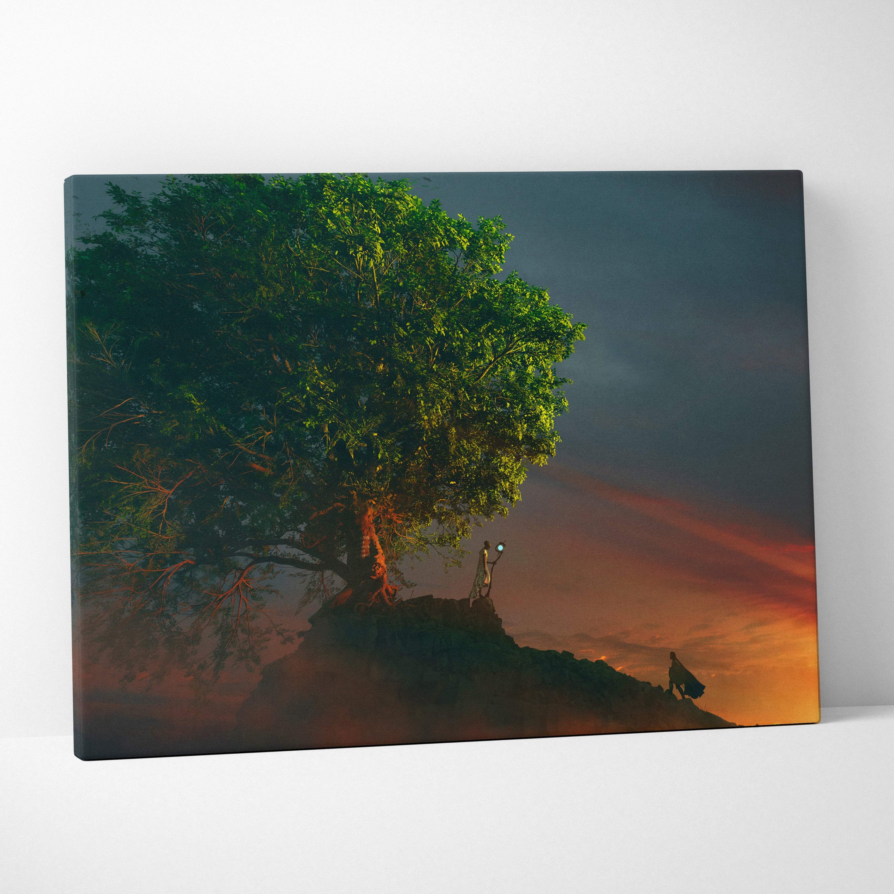 Canvas print of a lush green tree silhouetted against a vibrant orange and red sunset sky for modern nature decor