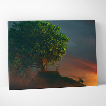 Canvas print of a lush green tree silhouetted against a vibrant orange and red sunset sky for modern nature decor