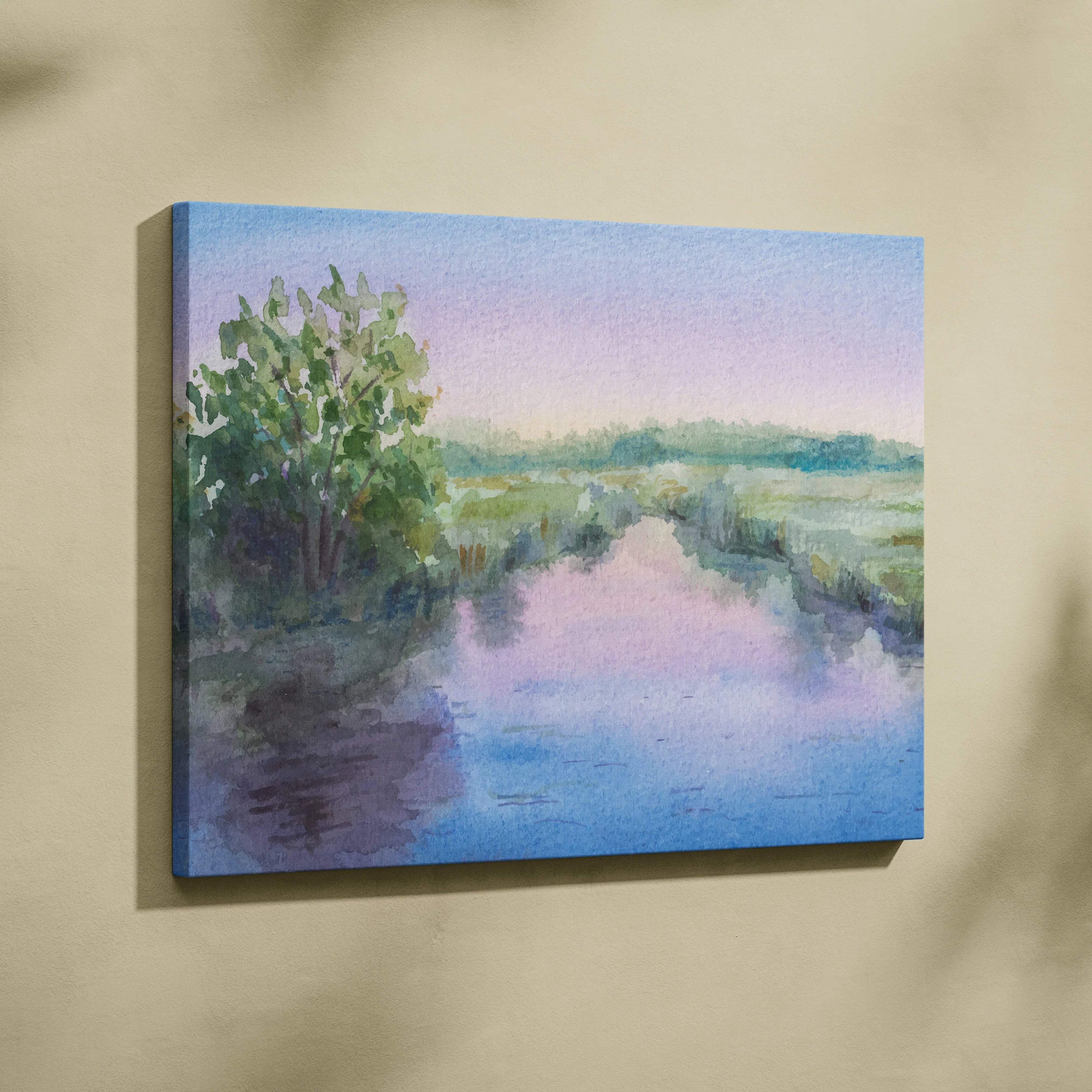 Pastel watercolor river landscape canvas wall art with tranquil green marsh, trees, soft pink blue sky reflections