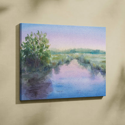 Pastel watercolor river landscape canvas wall art with tranquil green marsh, trees, soft pink blue sky reflections