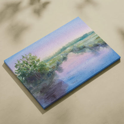 Pastel watercolor river landscape canvas with tranquil green marsh, trees, pink blue sky reflection