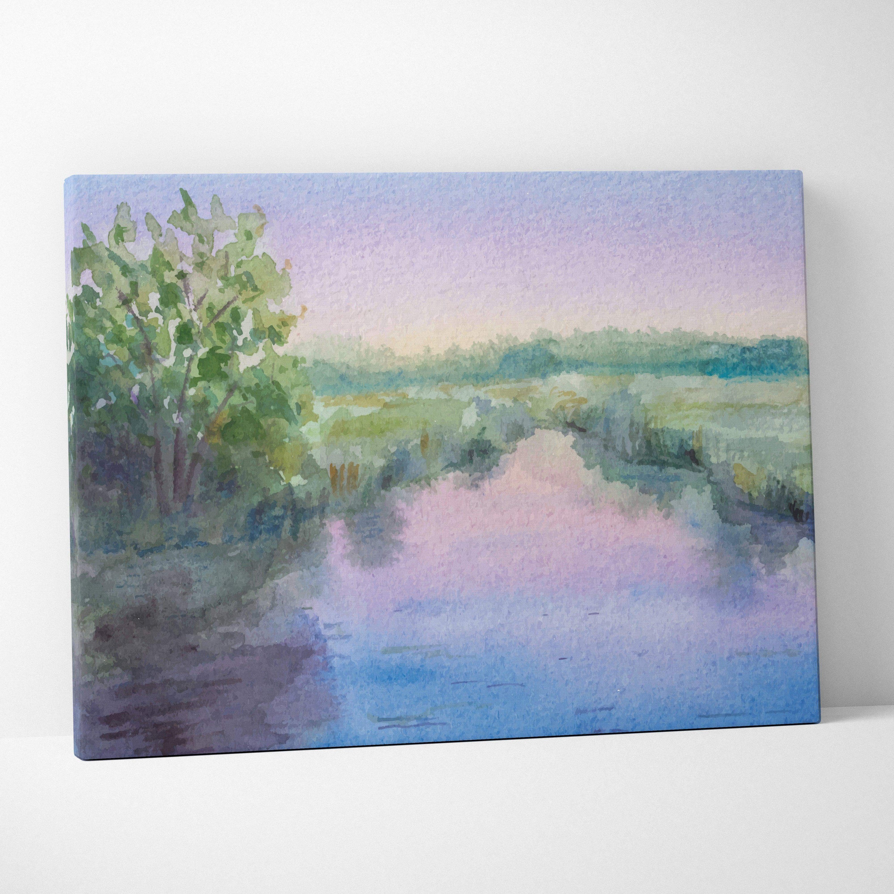 Pastel watercolor river landscape canvas wall art with tranquil green marsh, tree, and soft pink blue sky reflection