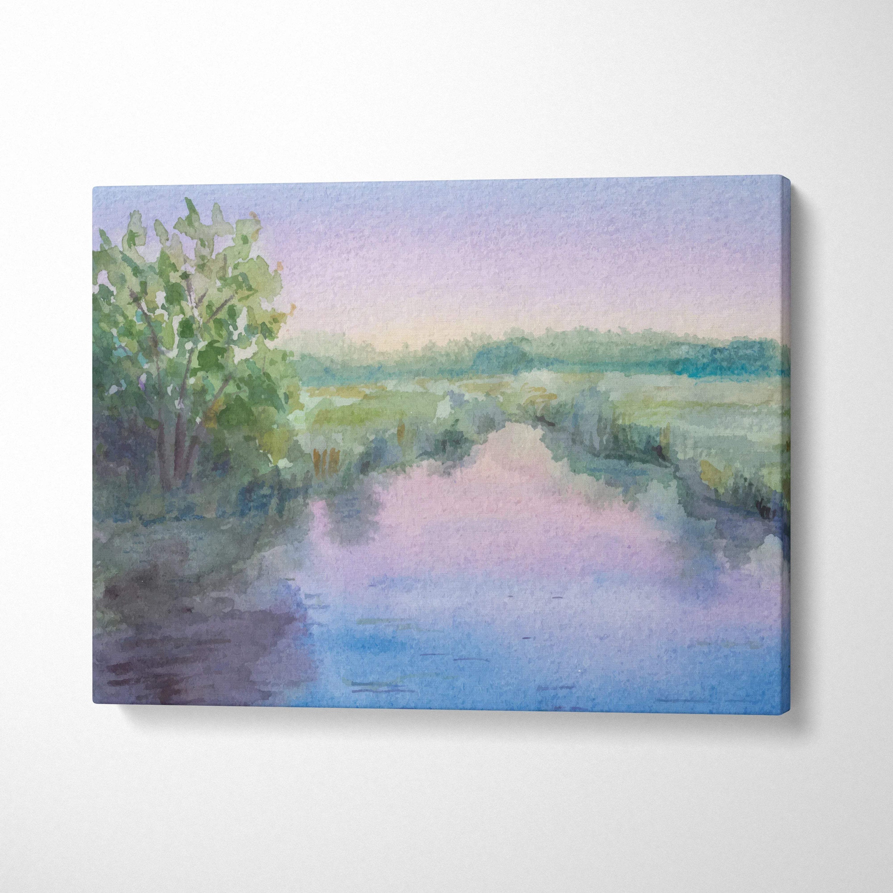 Pastel watercolor river landscape canvas with tranquil green marsh, tree, soft pink blue sky reflection
