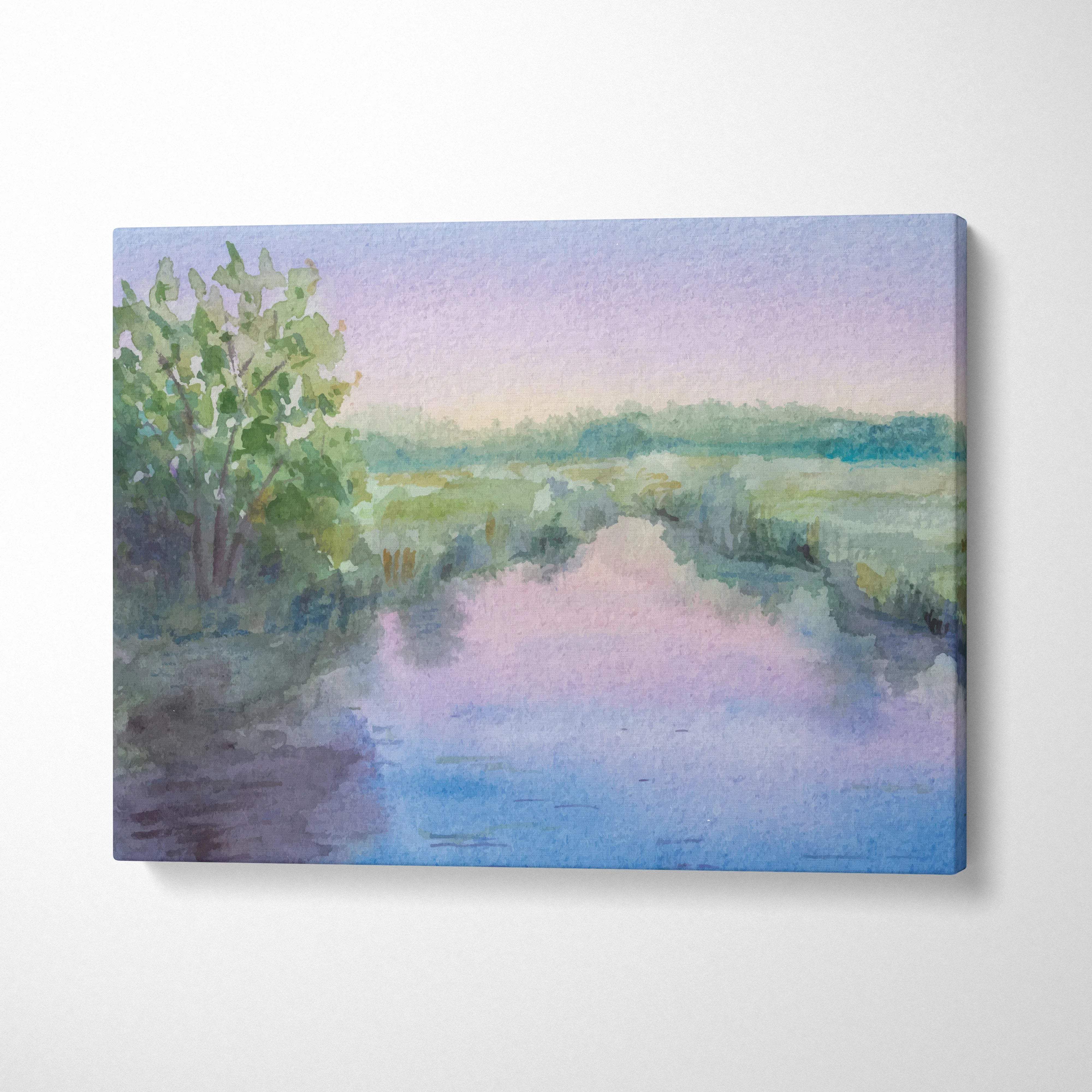 Pastel watercolor river landscape canvas with tranquil green marsh, tree, soft pink blue sky reflection