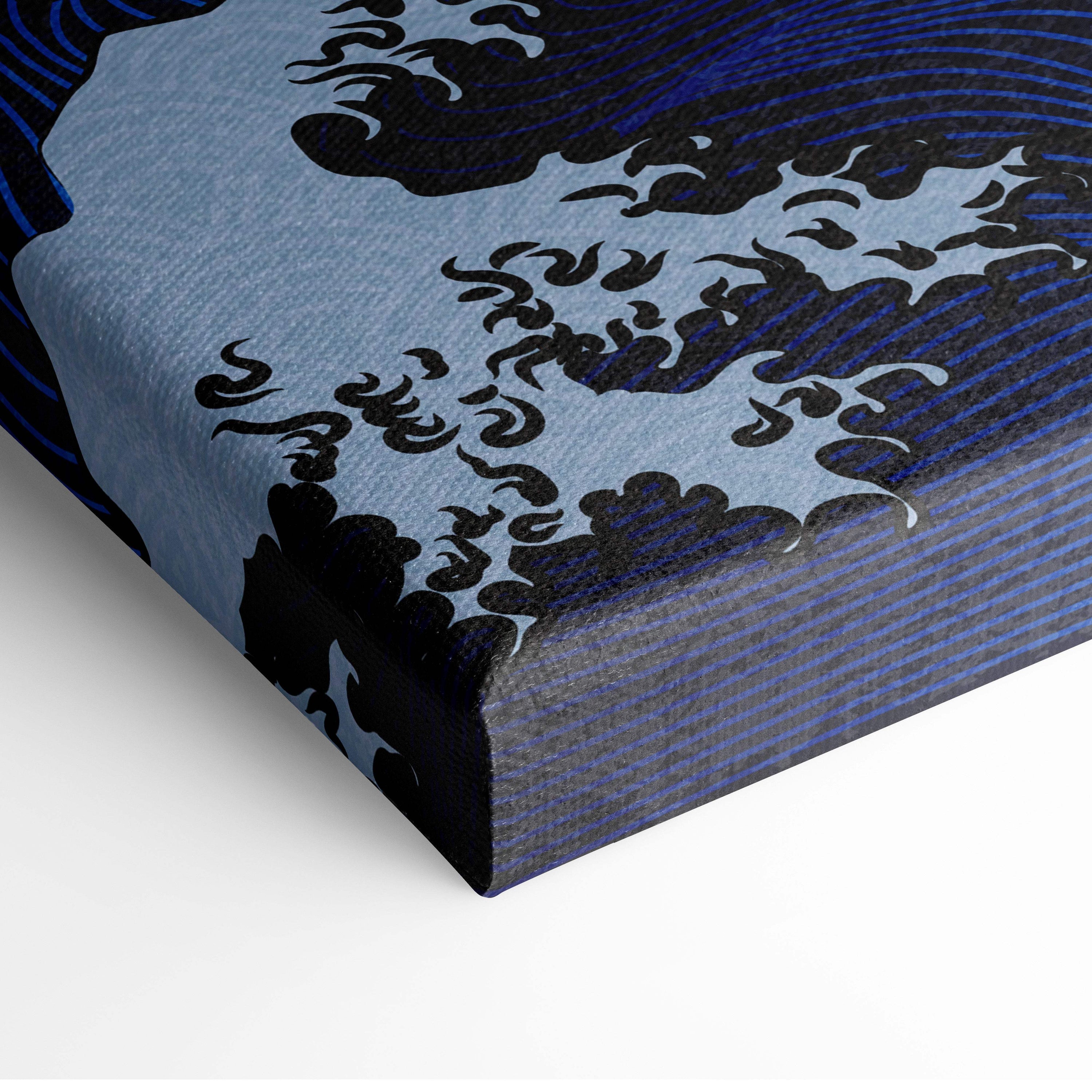 Blue and black wave-patterned canvas print with textured surface koi fish wave japanese tattoo style wall art
