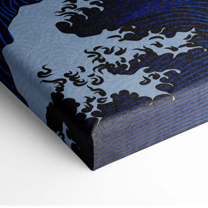Blue and black wave-patterned canvas print with textured surface koi fish wave japanese tattoo style wall art