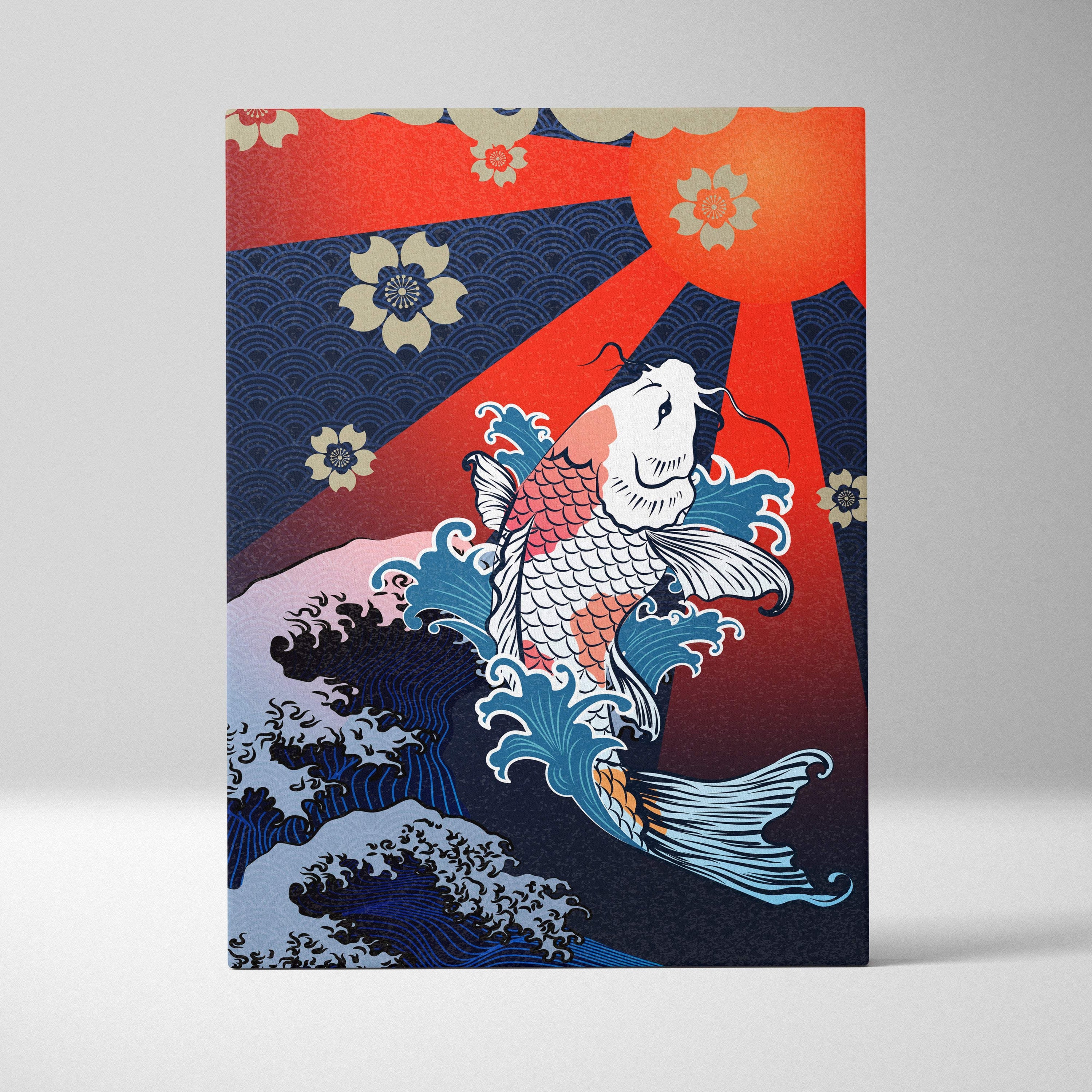 Koi fish wave canvas wall art with vibrant white and pink koi leaping through blue waves and red sun backdrop