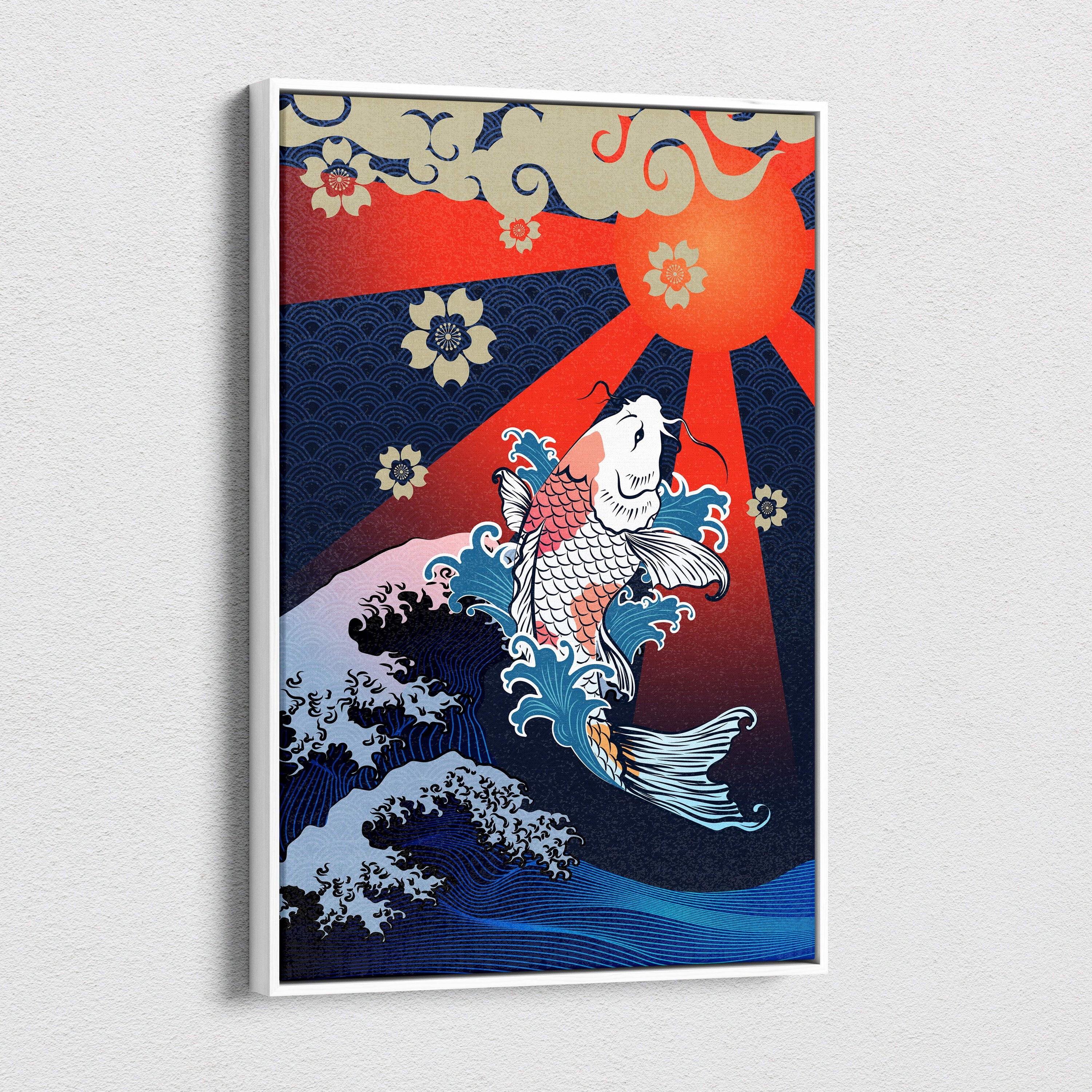 Vibrant koi fish wave canvas wall art with white orange koi and red sun in blue japanese tattoo style for zen decor