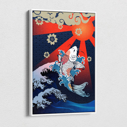 Vibrant koi fish wave canvas wall art with white orange koi and red sun in blue japanese tattoo style for zen decor