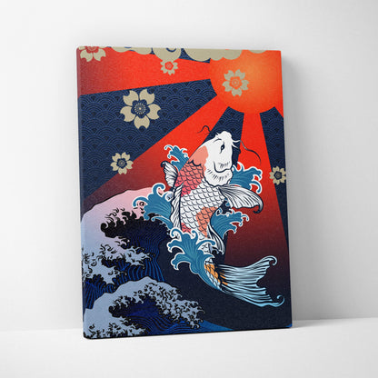 Vibrant koi fish wave canvas wall art with red sun and blue Japanese tattoo style for bold zen ocean decor
