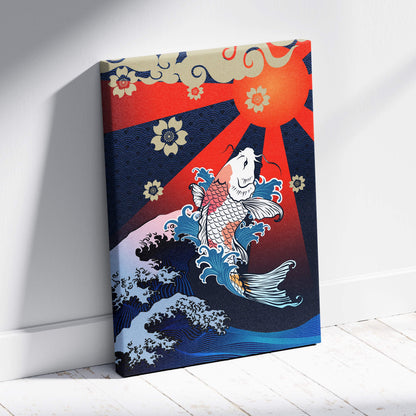 Vibrant koi fish wave canvas wall art with red sun blue Japanese tattoo style for bold zen ocean decor