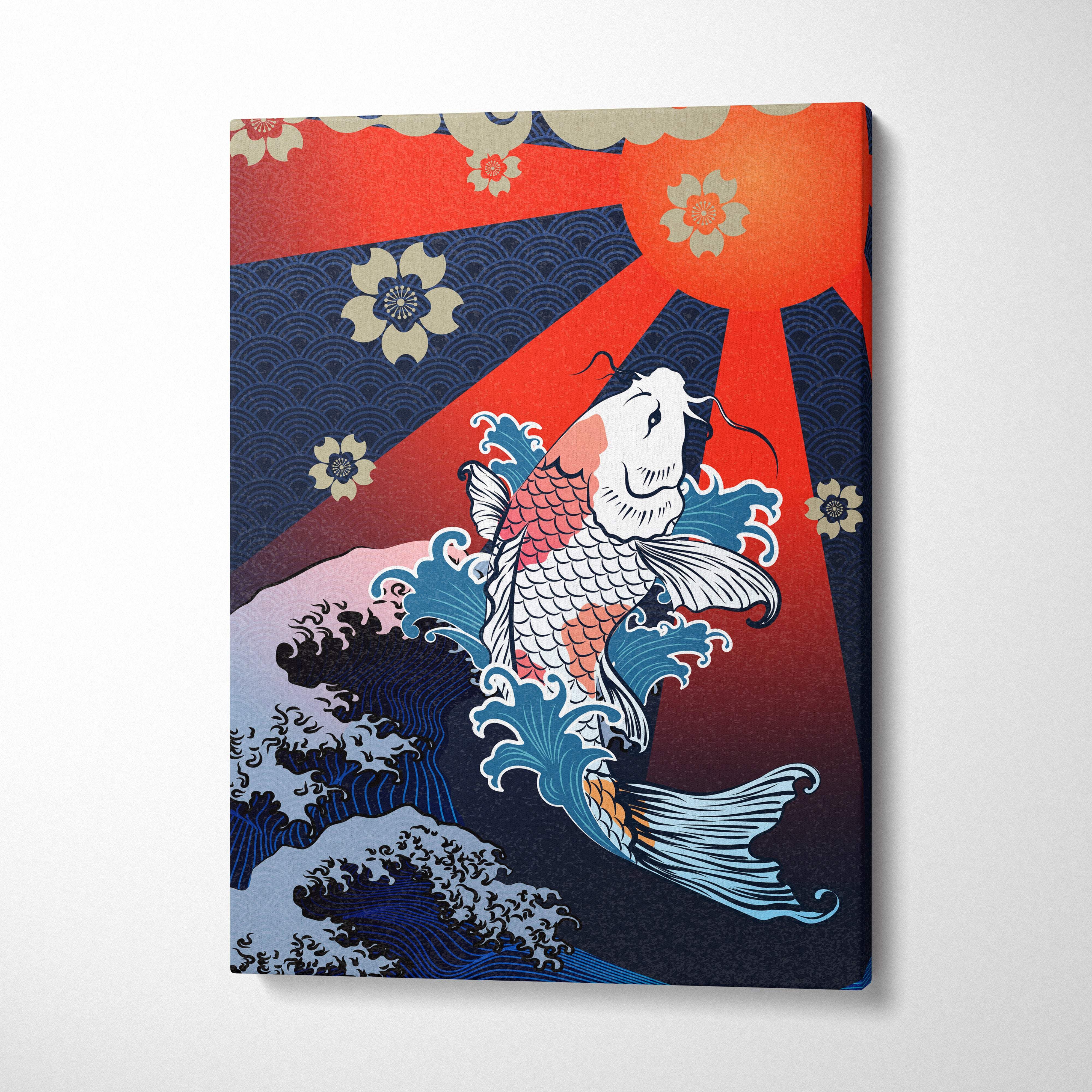Vibrant koi fish wave canvas wall art with red sun blue tattoo style for zen bathroom living room game room decor