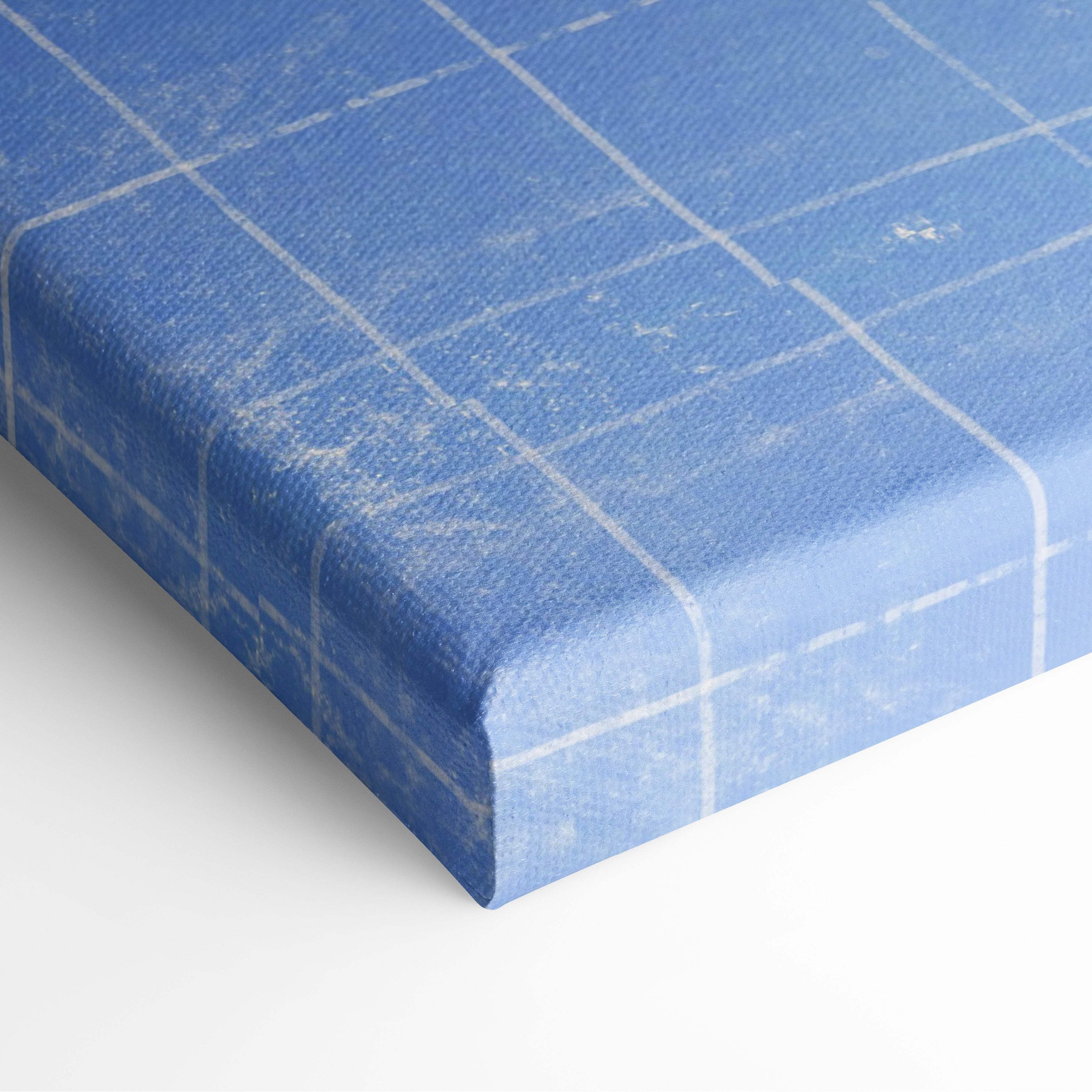 Contemporary blue solitude canvas wall art with subtle white grid pattern and textured surface for bedroom decor