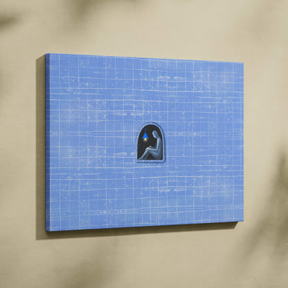 Contemporary blue canvas wall art featuring a minimalist sad figure seated in an arched doorway with a grid background