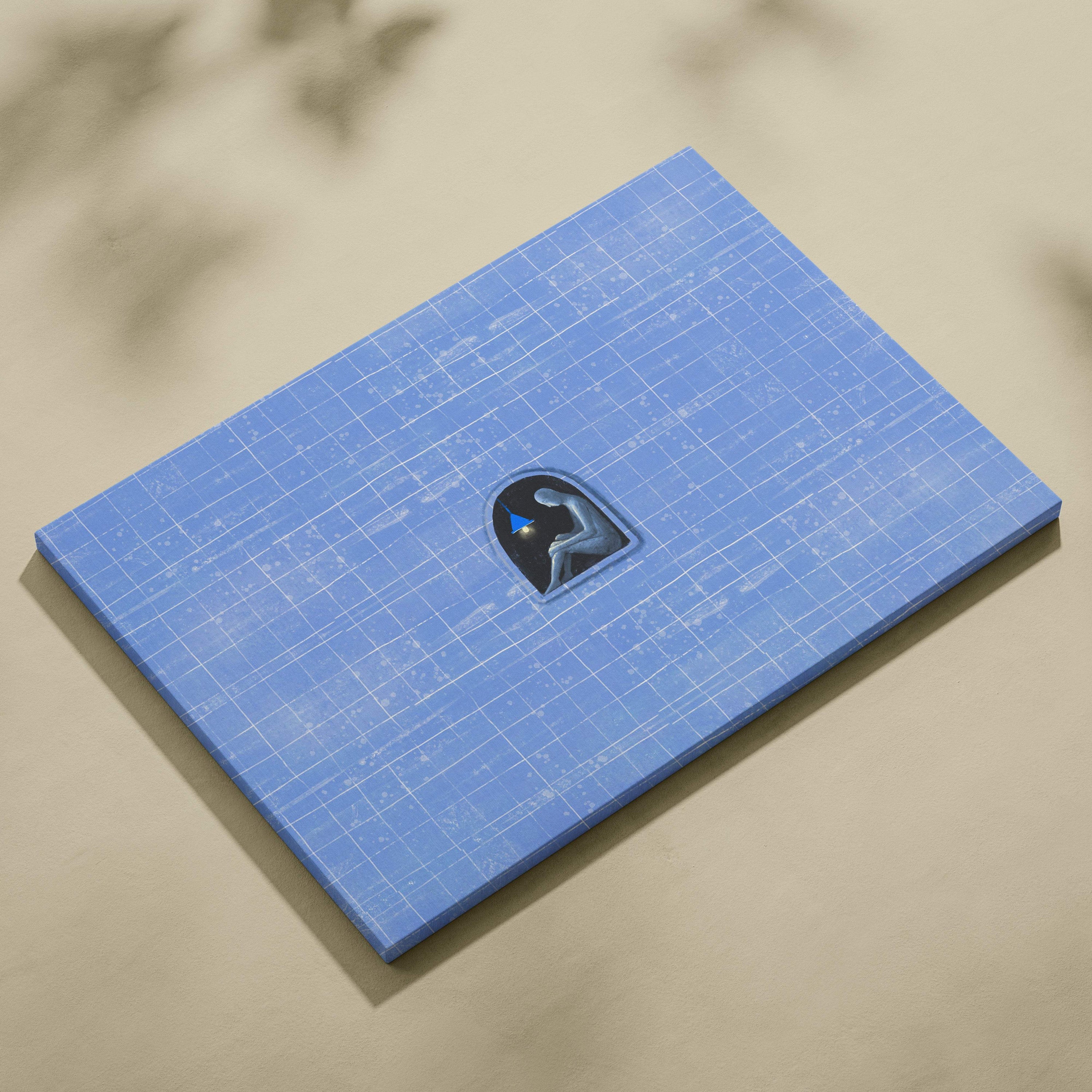 Contemporary blue solitude canvas wall art featuring a black arched window with silver thinker holding blue star on grid background