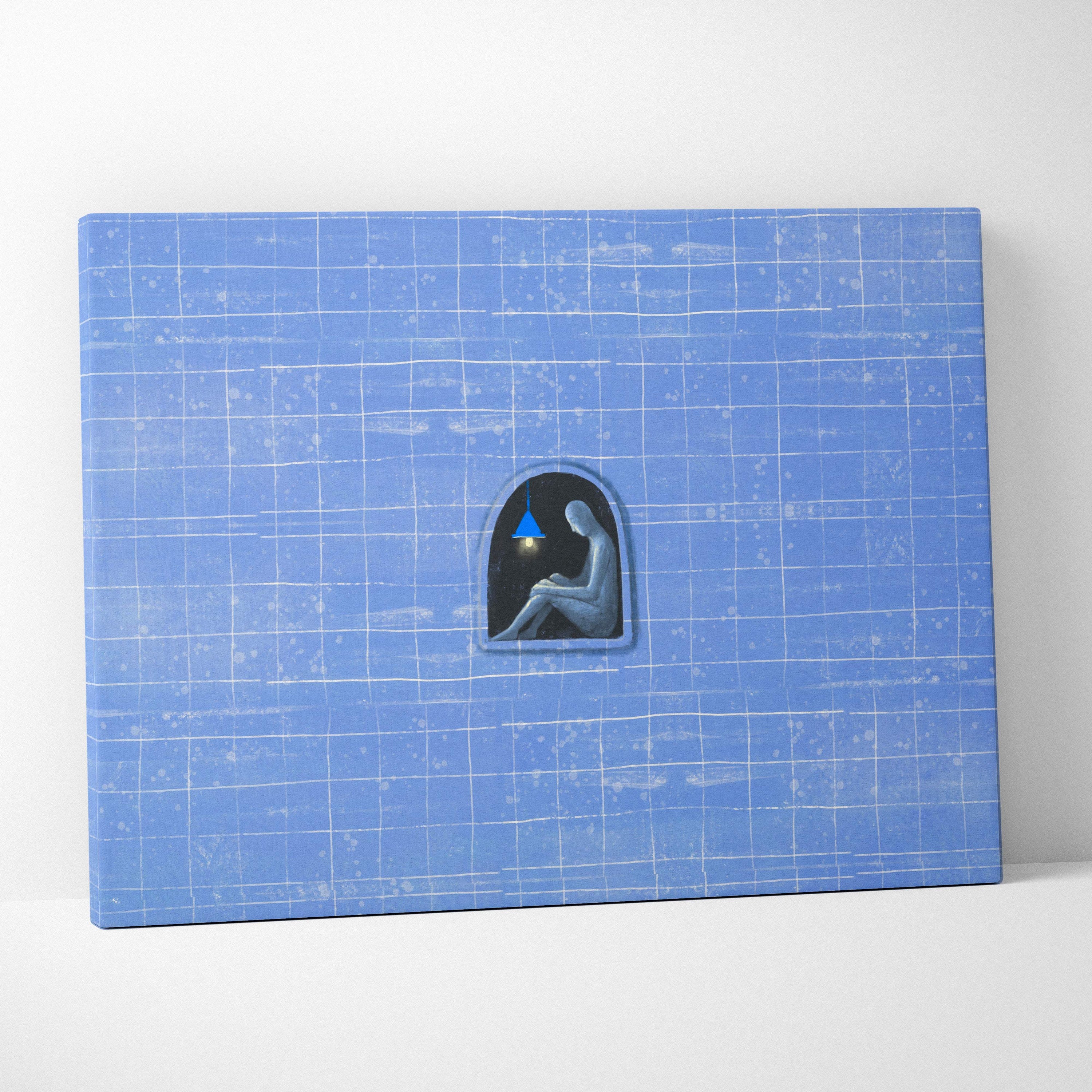 Contemporary blue solitude canvas wall art with minimalist seated figure under arched window glowing blue light