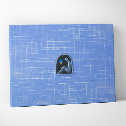 Contemporary blue solitude canvas wall art with minimalist seated figure under arched window glowing blue light