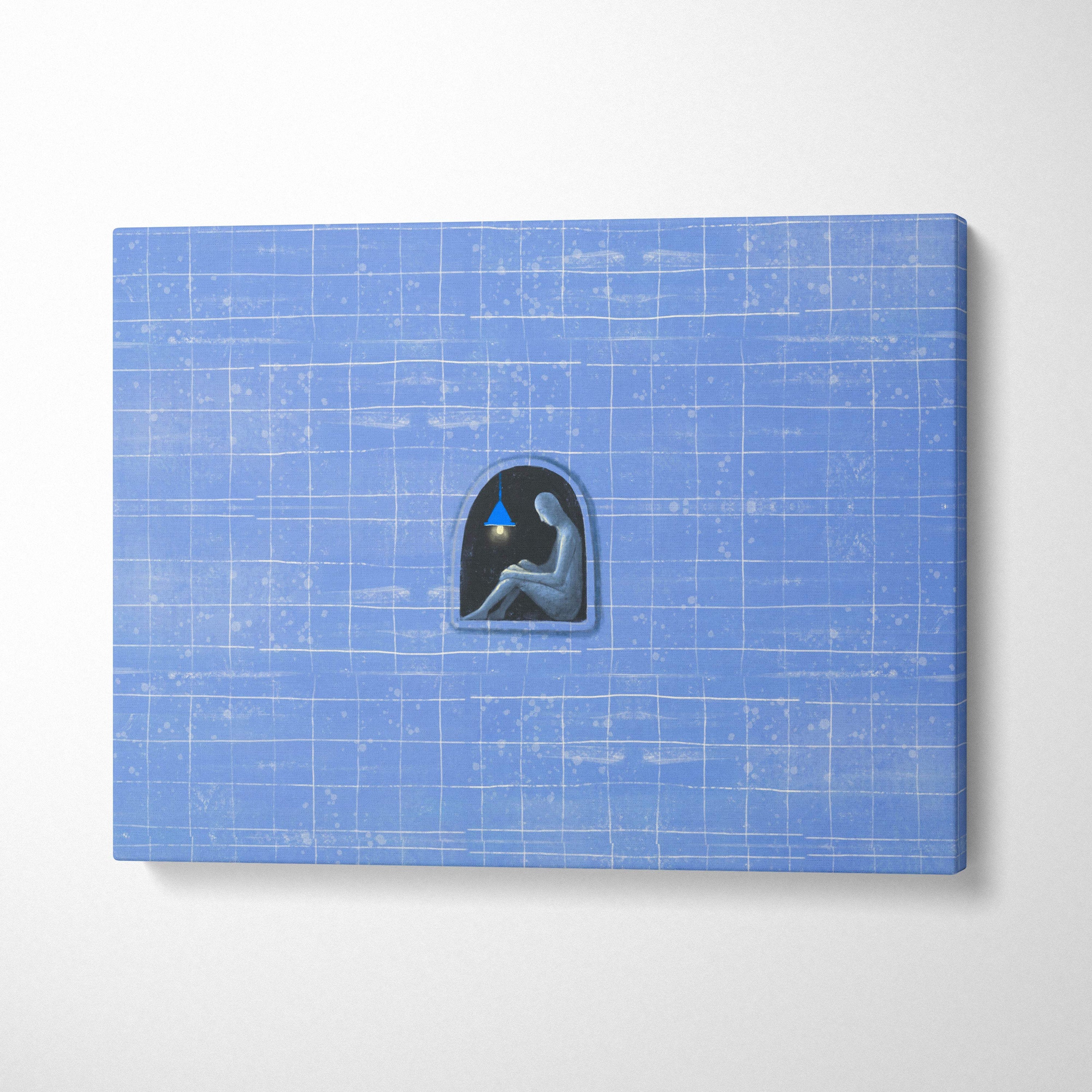 Blue canvas wall art featuring a minimalist seated figure in an arched window with a moody grid background