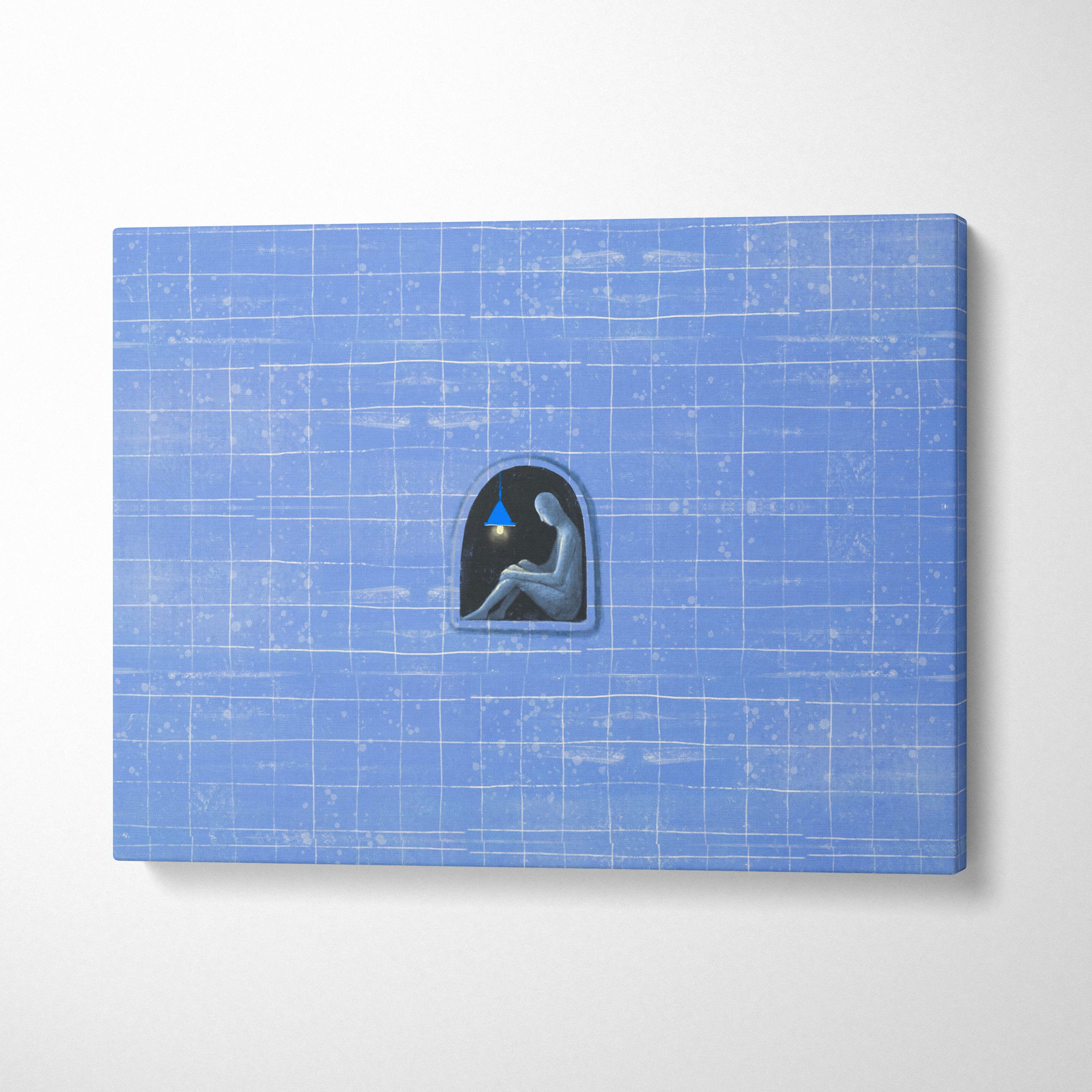 Blue canvas wall art featuring a minimalist seated figure in an arched window with a moody grid background