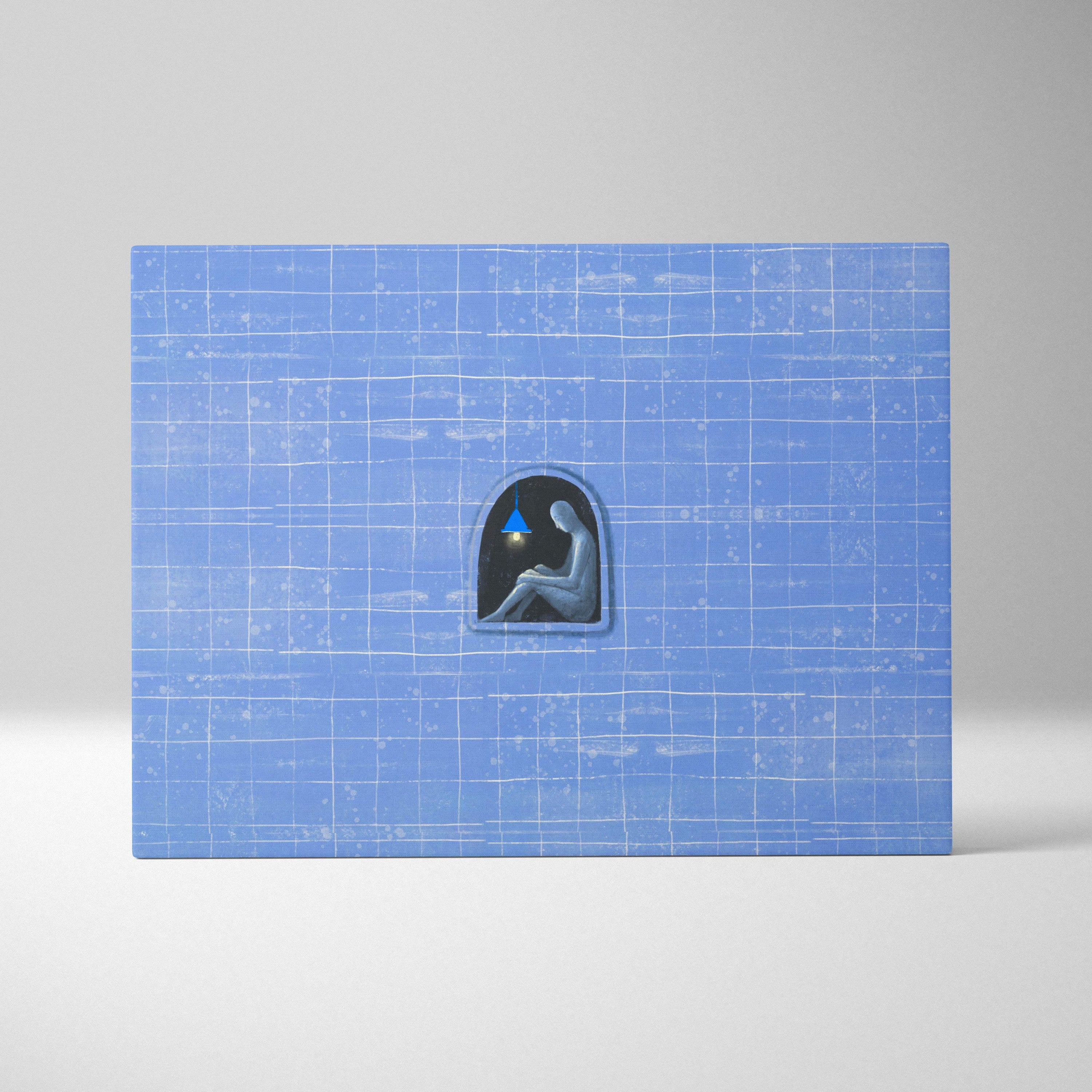 Contemporary blue solitude canvas wall art with a minimalist gray figure seated in an arched niche under a blue light
