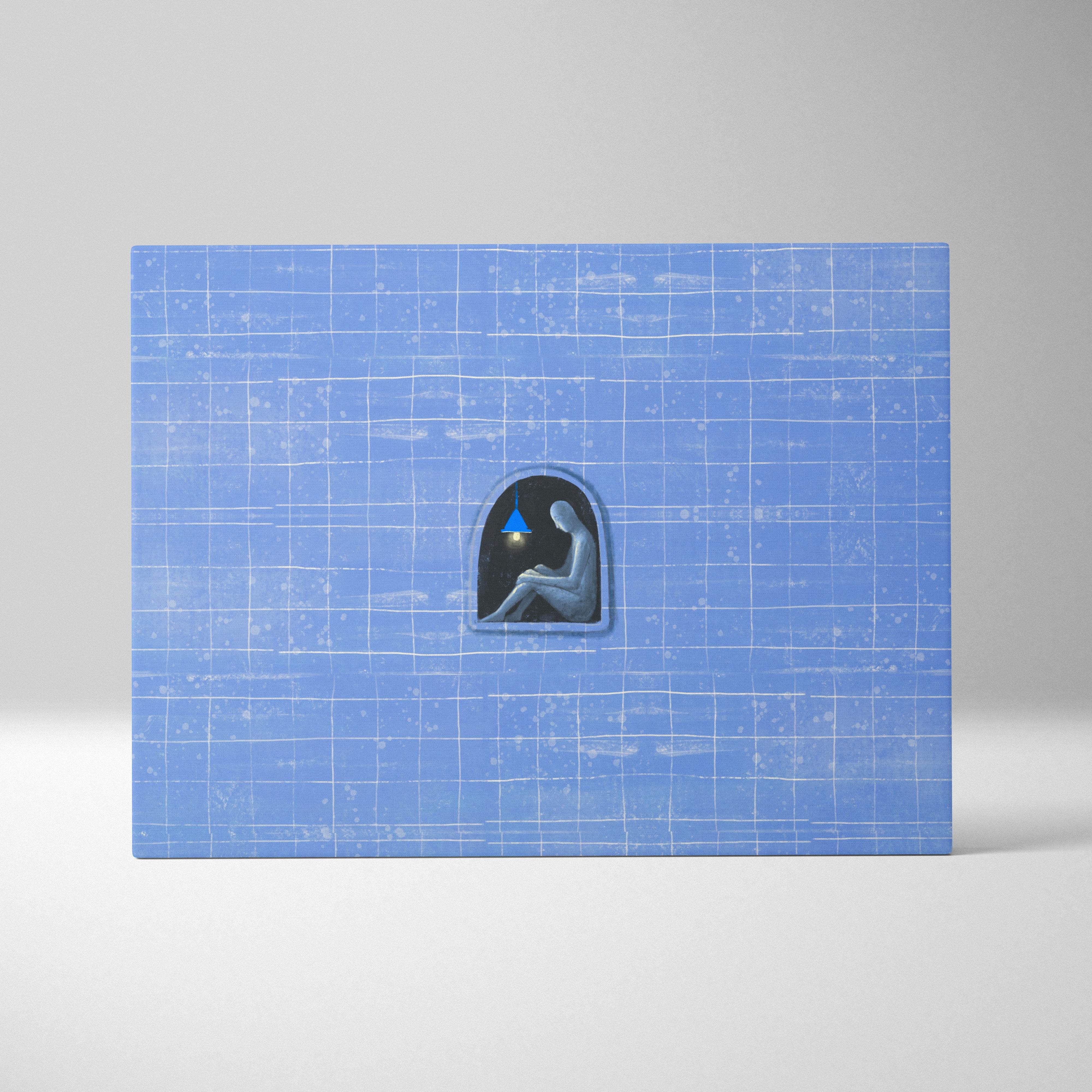 Contemporary blue solitude canvas wall art with a minimalist gray figure seated in an arched niche under a blue light