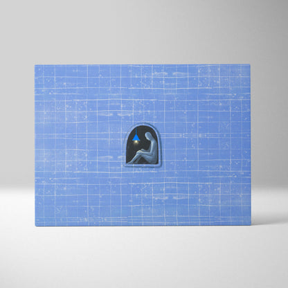 Contemporary blue solitude canvas wall art with a minimalist gray figure seated in an arched niche under a blue light