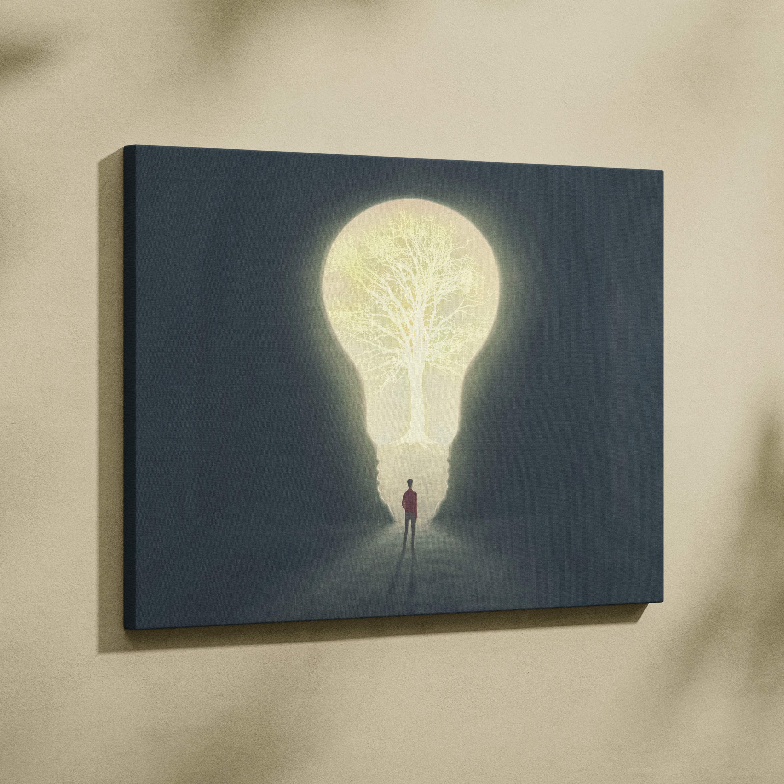 Contemporary dark canvas print of glowing lightbulb tree portal with shadowy arches and a solitary figure for modern decor