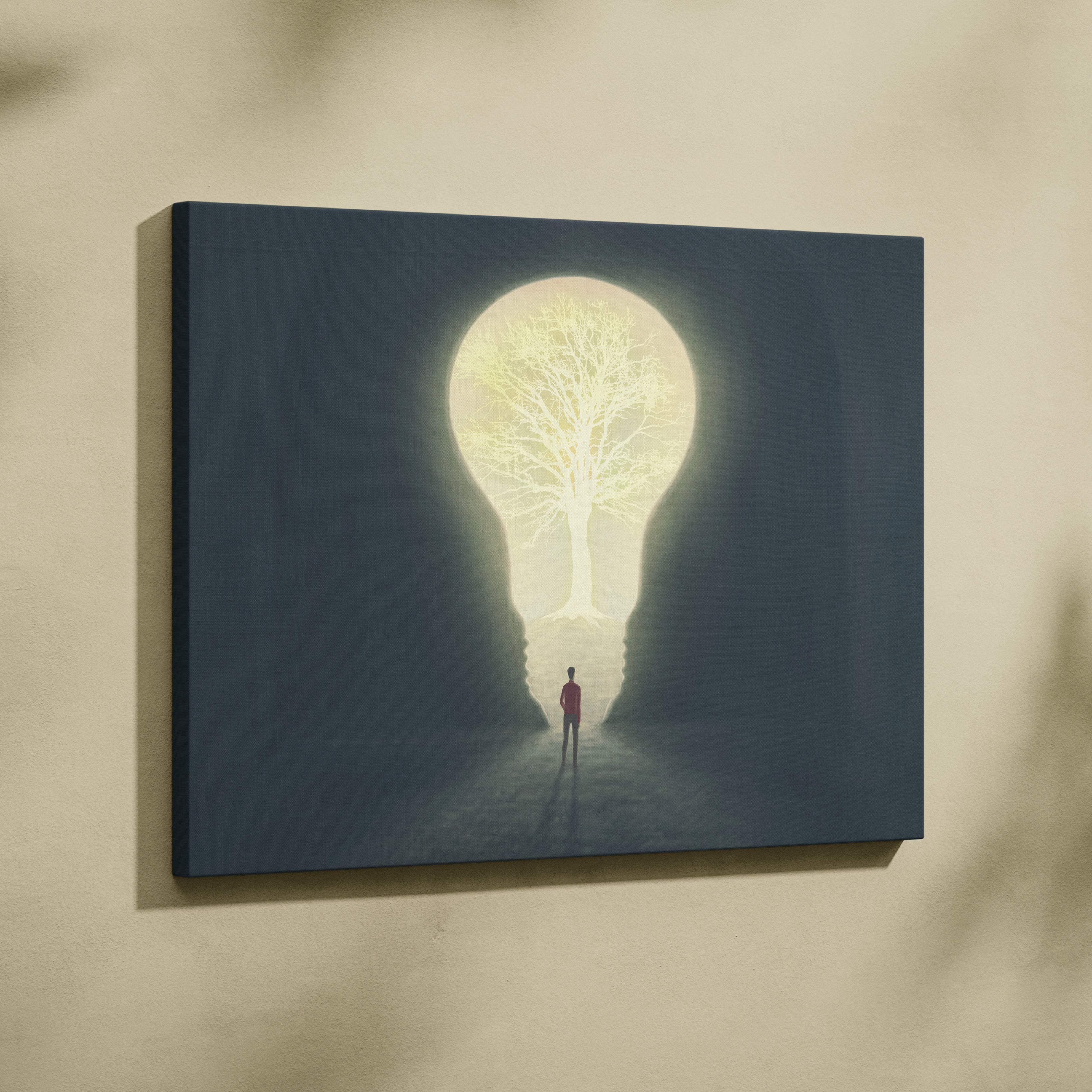 Contemporary dark canvas print of glowing lightbulb tree portal with shadowy arches and a solitary figure for modern decor