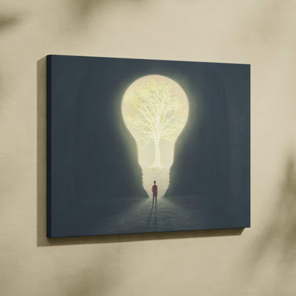 Contemporary dark canvas print of glowing lightbulb tree portal with shadowy arches and a solitary figure for modern decor