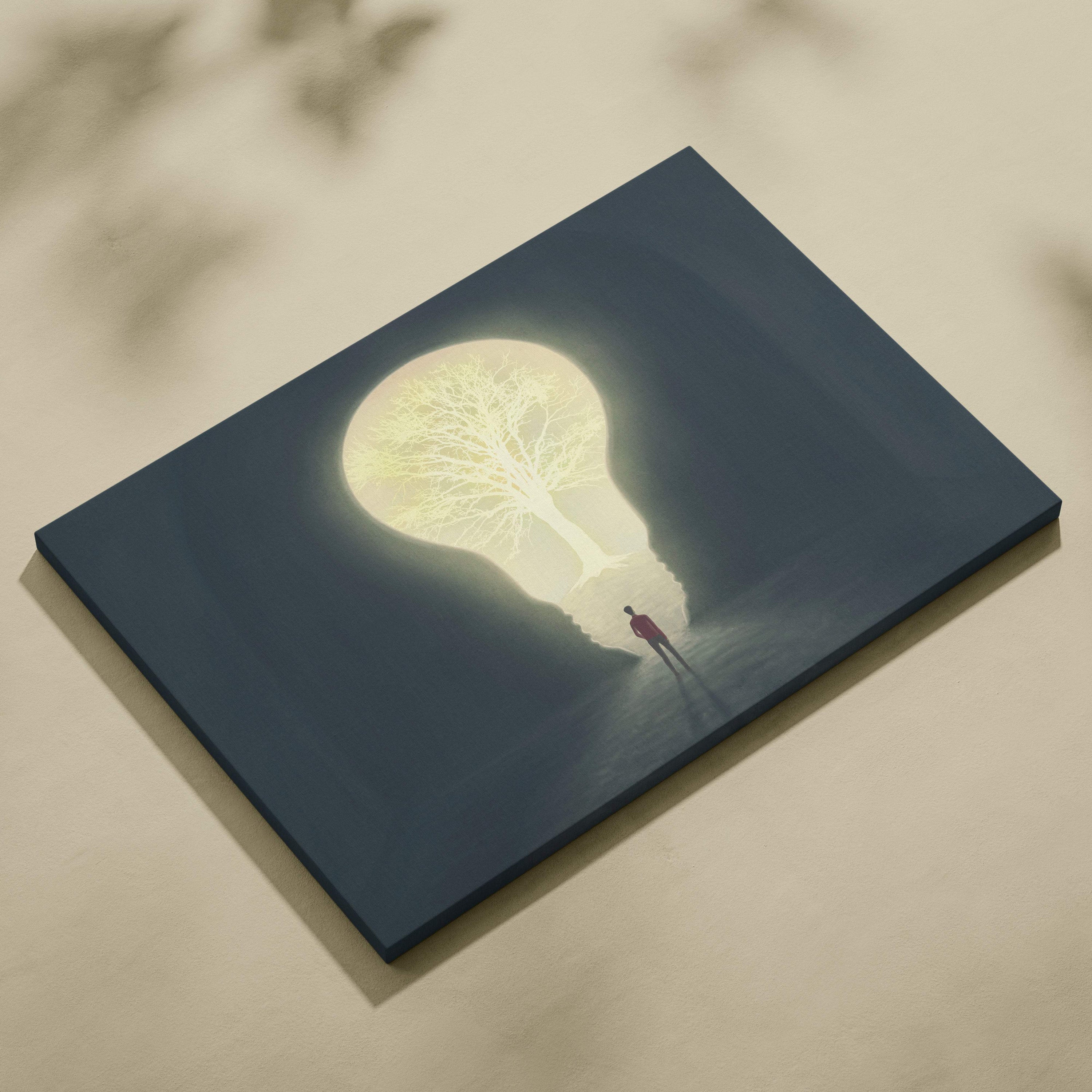 Dark blue canvas print featuring a glowing light bulb tree and a small figure walking toward it for modern office decor